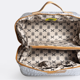 Side Mouth Maxi Vanity Bag | Laminated Fabric with Genuine Leather Side Mouth Vanity Fabric by Thandana