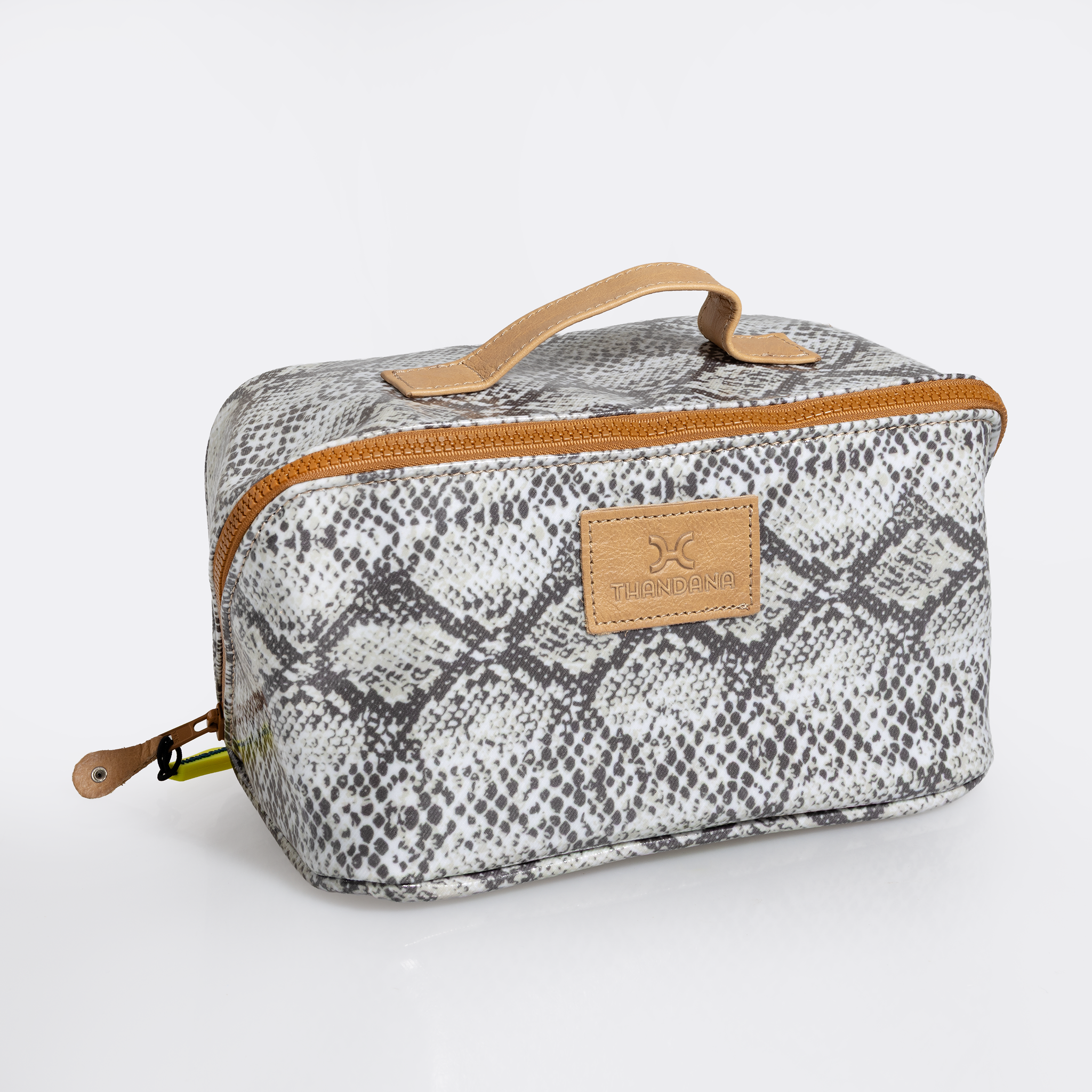 Side Mouth Maxi Vanity Bag | Laminated Fabric with Genuine Leather Python - Moody Side Mouth Vanity Fabric by Thandana