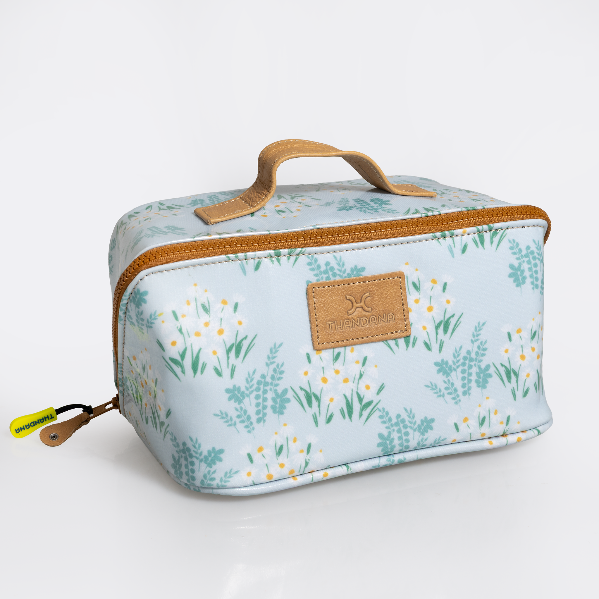 Side Mouth Maxi Vanity Bag | Laminated Fabric with Genuine Leather Crazy Daisy - Sage Side Mouth Vanity Fabric