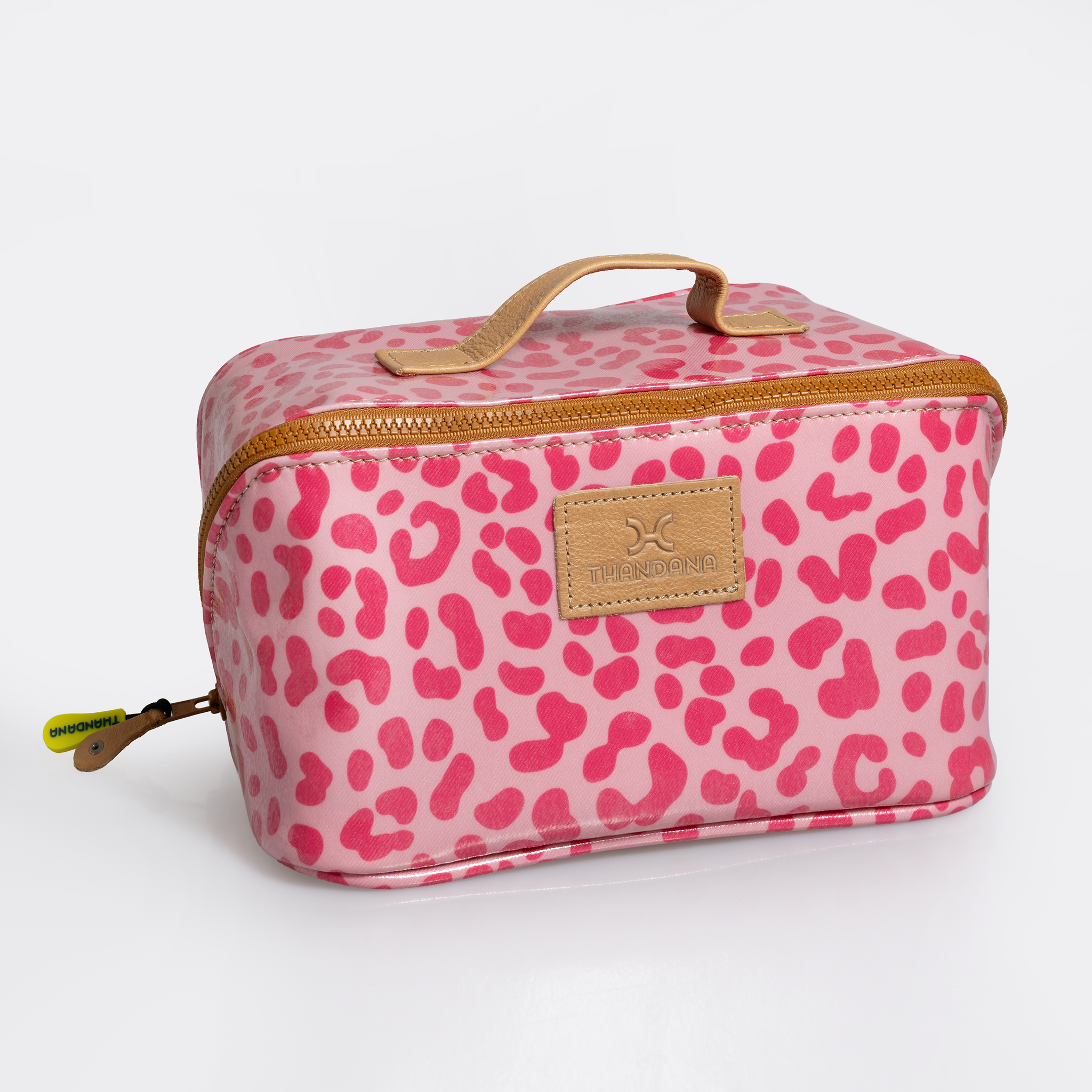 Side Mouth Maxi Vanity Bag | Laminated Fabric with Genuine Leather Cheetah - Pink Side Mouth Vanity Fabric by Thandana