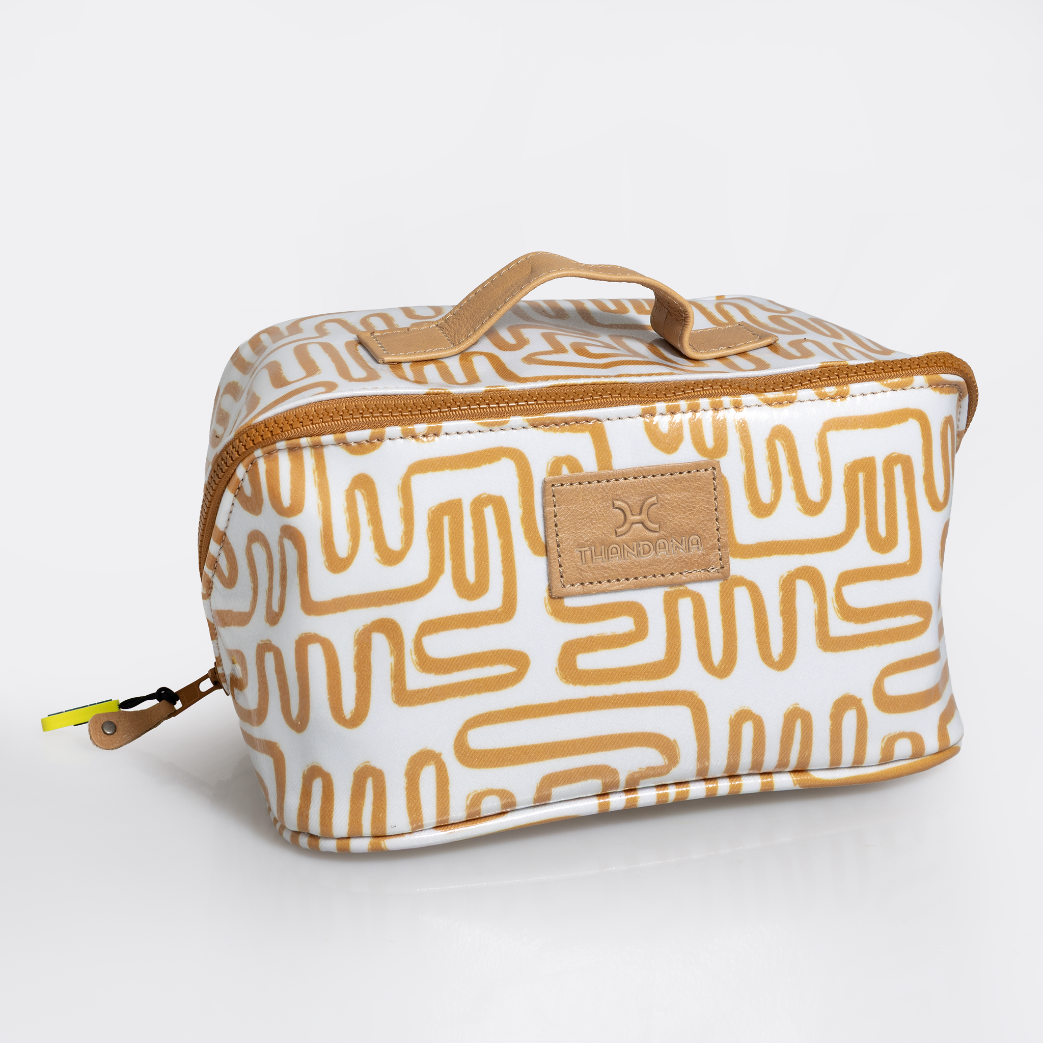 Side Mouth Maxi Vanity Bag | Laminated Fabric with Genuine Leather Geo - Sand Side Mouth Vanity Fabric by Thandana