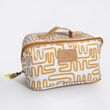 Side Mouth Maxi Vanity Bag | Laminated Fabric with Genuine Leather Geo - Sand Side Mouth Vanity Fabric by Thandana