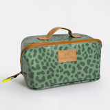 Side Mouth Maxi Vanity Bag | Laminated Fabric with Genuine Leather Cheetah - Olive Side Mouth Vanity Fabric by Thandana