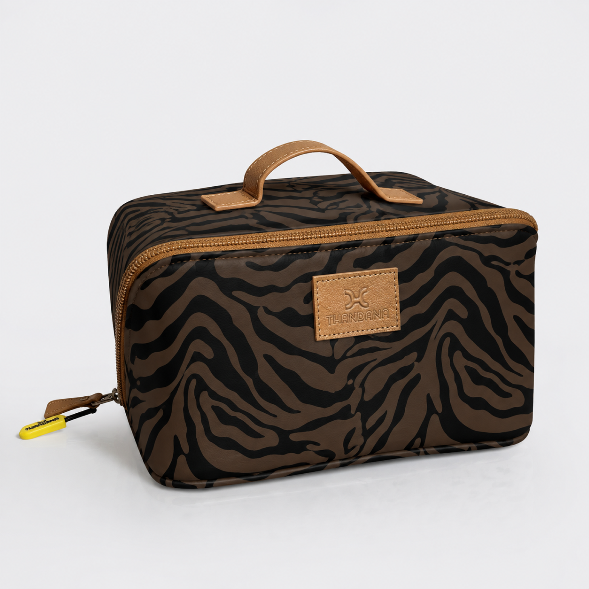 Side Mouth Maxi Vanity Bag | Laminated Fabric with Genuine Leather Nomad Stripe - Coffee Side Mouth Vanity Fabric