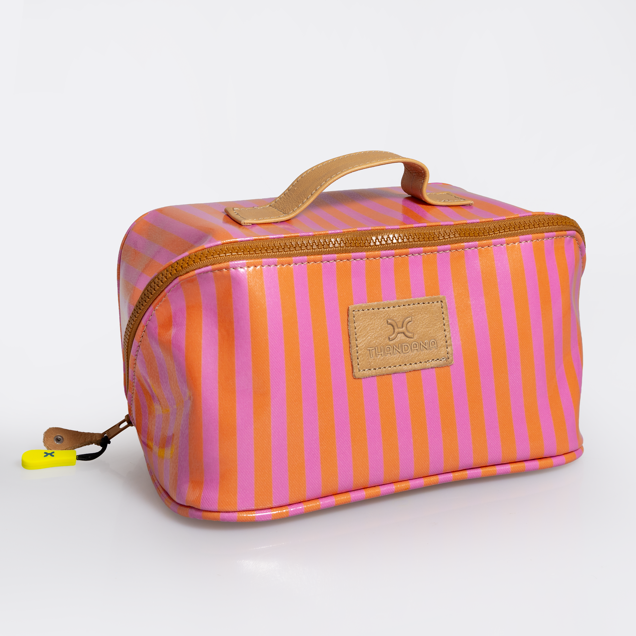 Side Mouth Maxi Vanity Bag | Laminated Fabric with Genuine Leather Linear - Preppy Side Mouth Vanity Fabric by Thandana