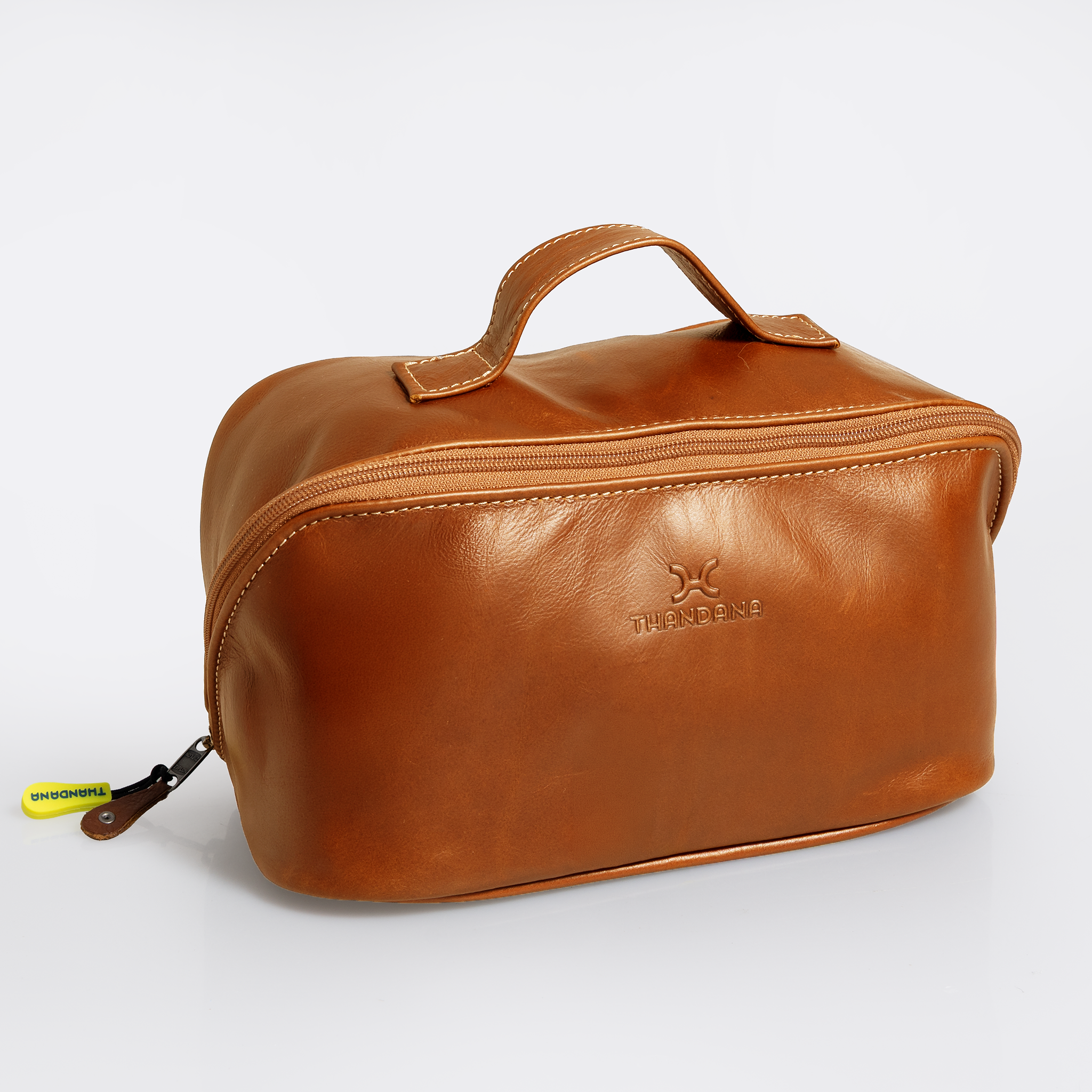 Side Mouth Maxi Vanity | Genuine Leather Toffee Leather Vanity Bag by Thandana
