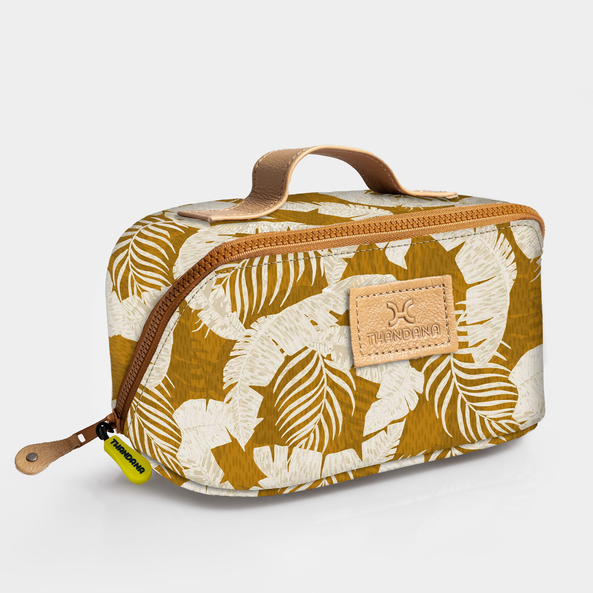 Side Mouth Vanity Bag | Laminated Fabric with Genuine Leather | Corporate Fauna - Earth Side Mouth Vanity Fabric