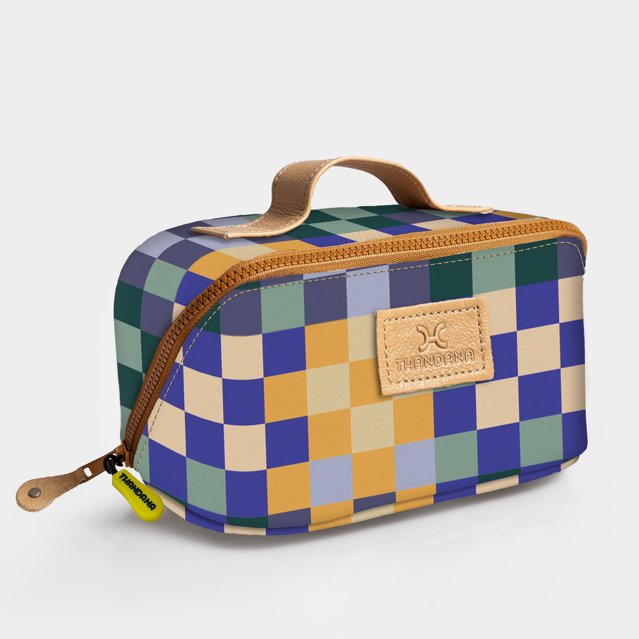 Side Mouth Vanity Bag | Laminated Fabric with Genuine Leather | Corporate Checker - Jet Side Mouth Vanity Fabric