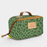 Side Mouth Vanity Bag | Laminated Fabric with Genuine Leather | Corporate Cheetah - Olive Side Mouth Vanity Fabric