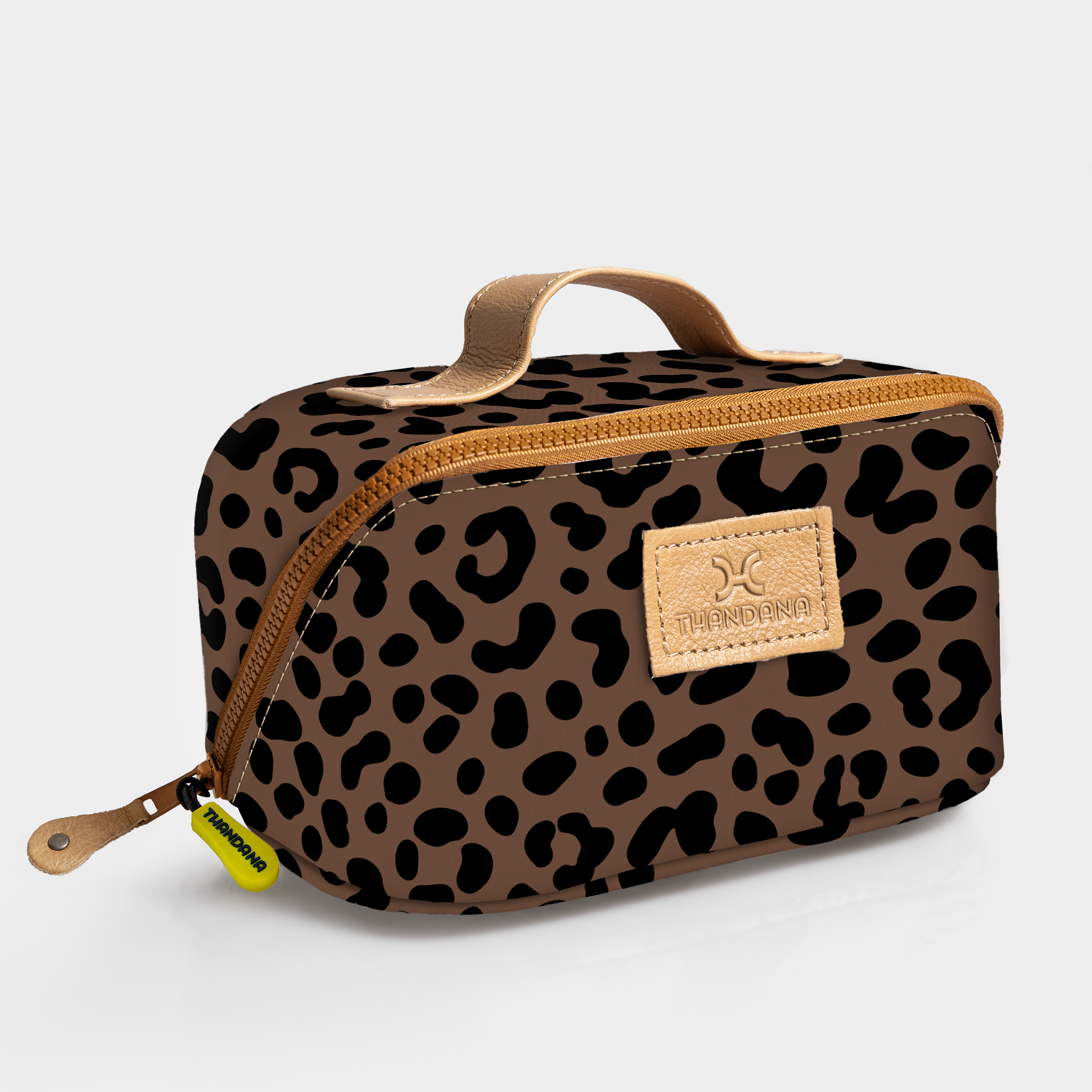 Side Mouth Vanity Bag | Laminated Fabric with Genuine Leather | Corporate Cheetah - Coffee Side Mouth Vanity Fabric