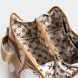 Side mouth vanity bag | laminated fabric with genuine leather - side mouth vanity fabric