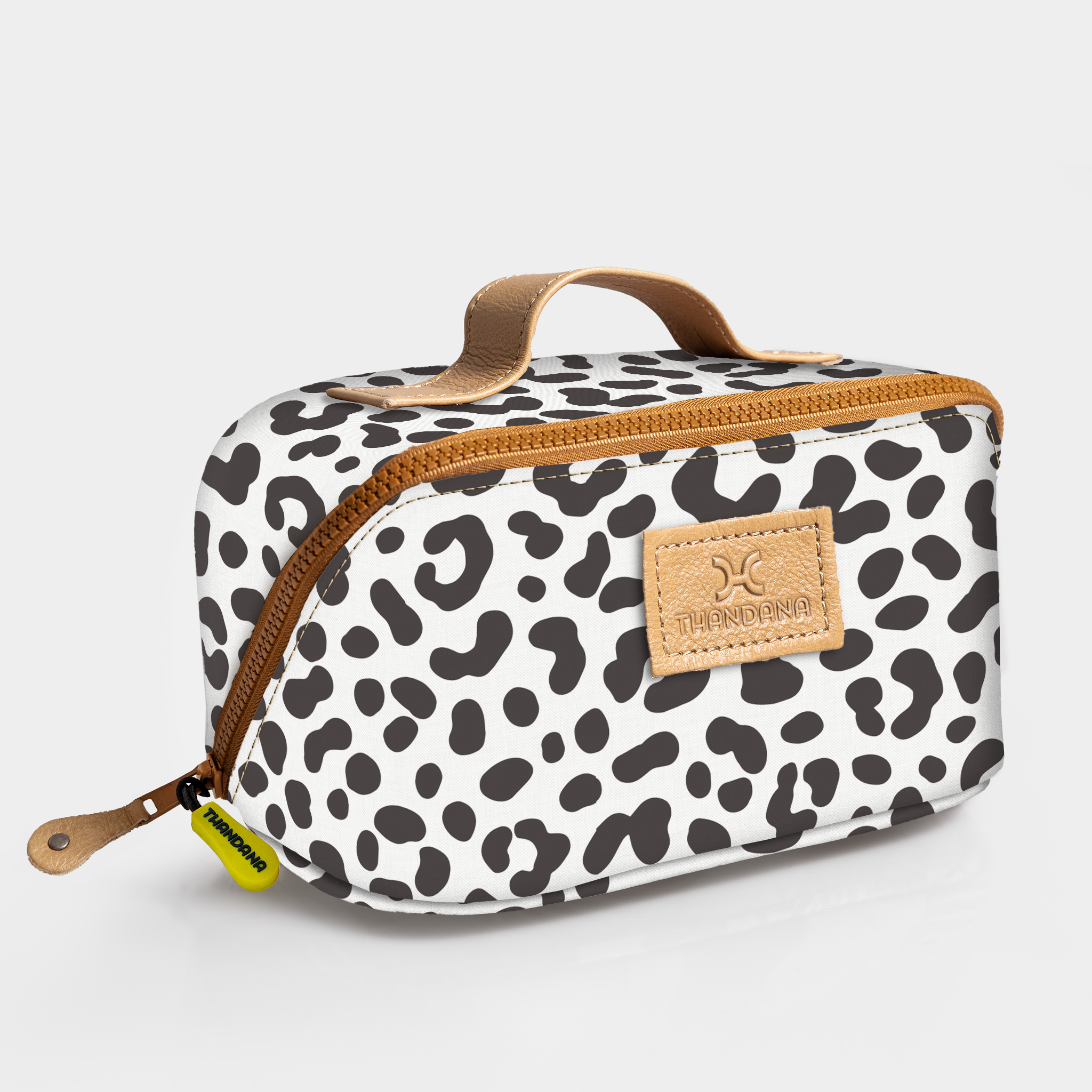 Side Mouth Vanity Bag | Laminated Fabric with Genuine Leather | Corporate Cheetah - White Side Mouth Vanity Fabric