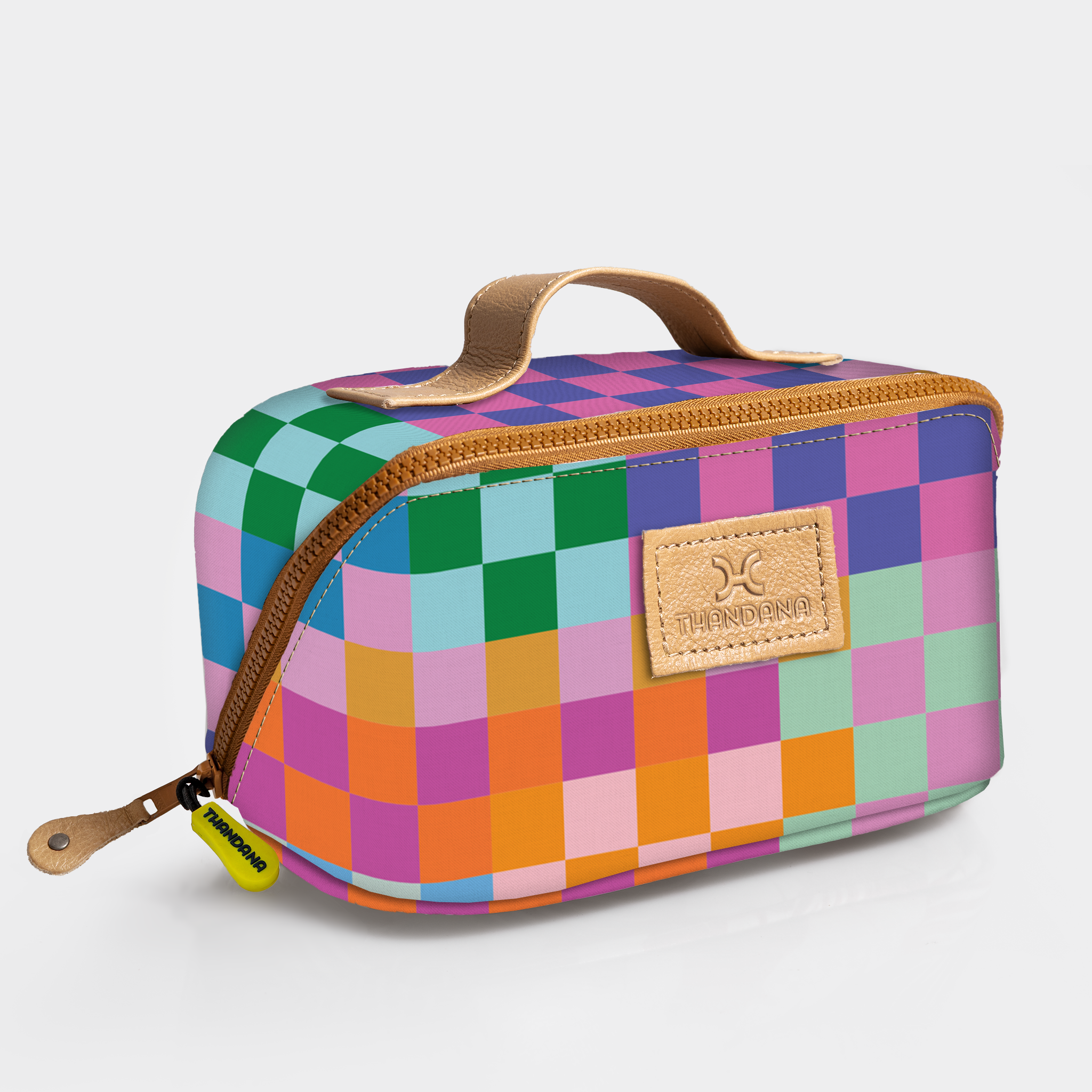 Side Mouth Vanity Bag | Laminated Fabric with Genuine Leather Checker - Preppy Side Mouth Vanity Fabric by Thandana