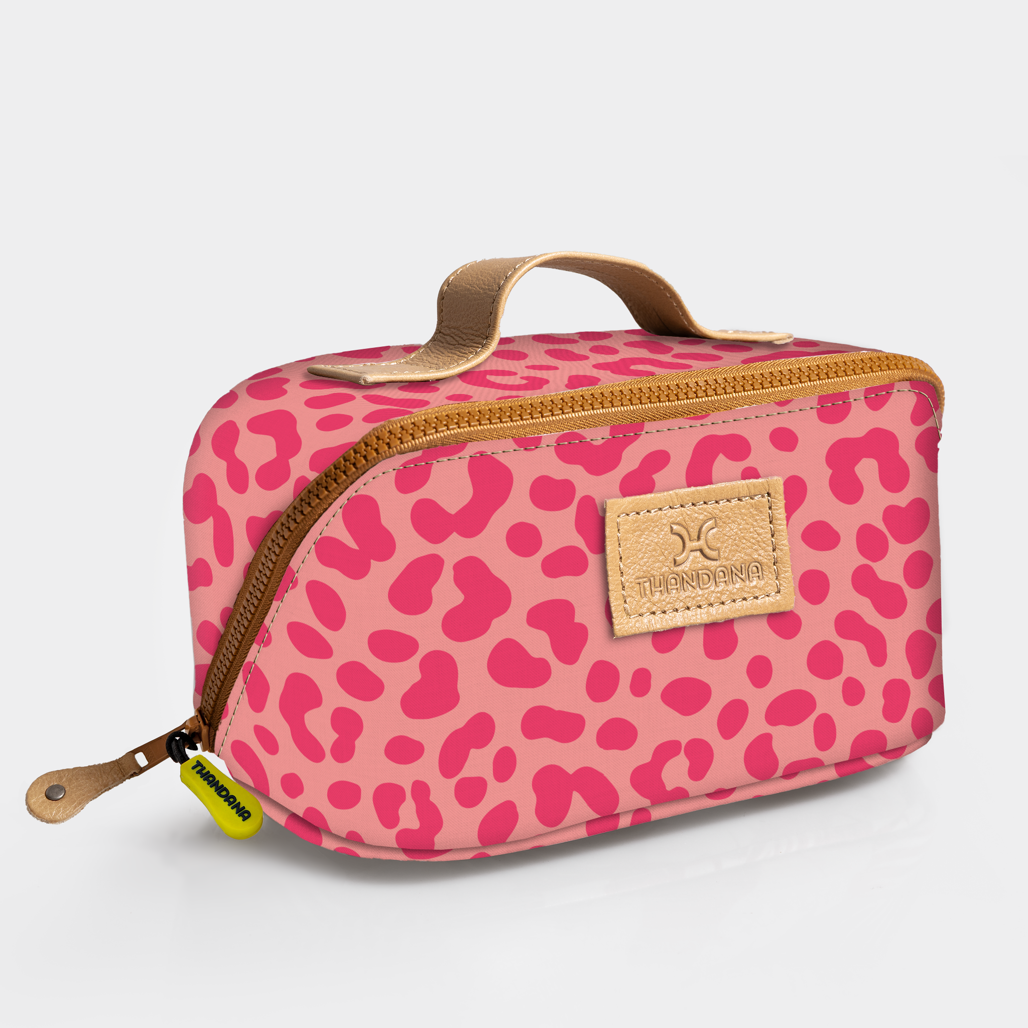 Side Mouth Vanity Bag | Laminated Fabric with Genuine Leather Cheetah - Pink Side Mouth Vanity Fabric by Thandana
