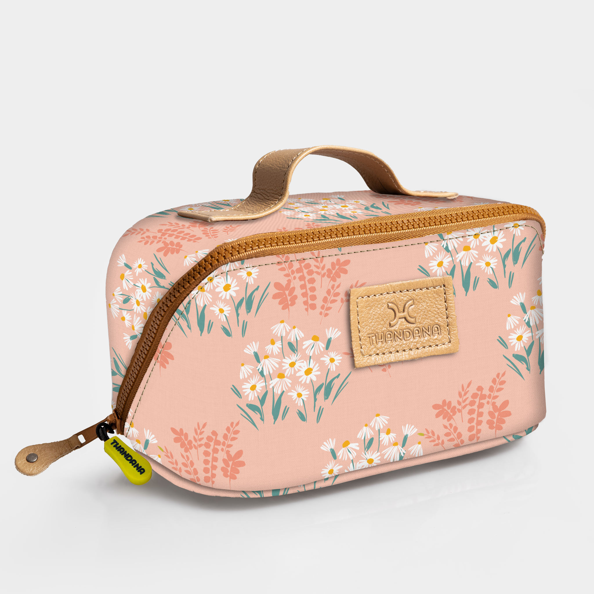 Side Mouth Vanity Bag | Laminated Fabric with Genuine Leather Crazy Daisy - Blush Side Mouth Vanity Fabric by Thandana