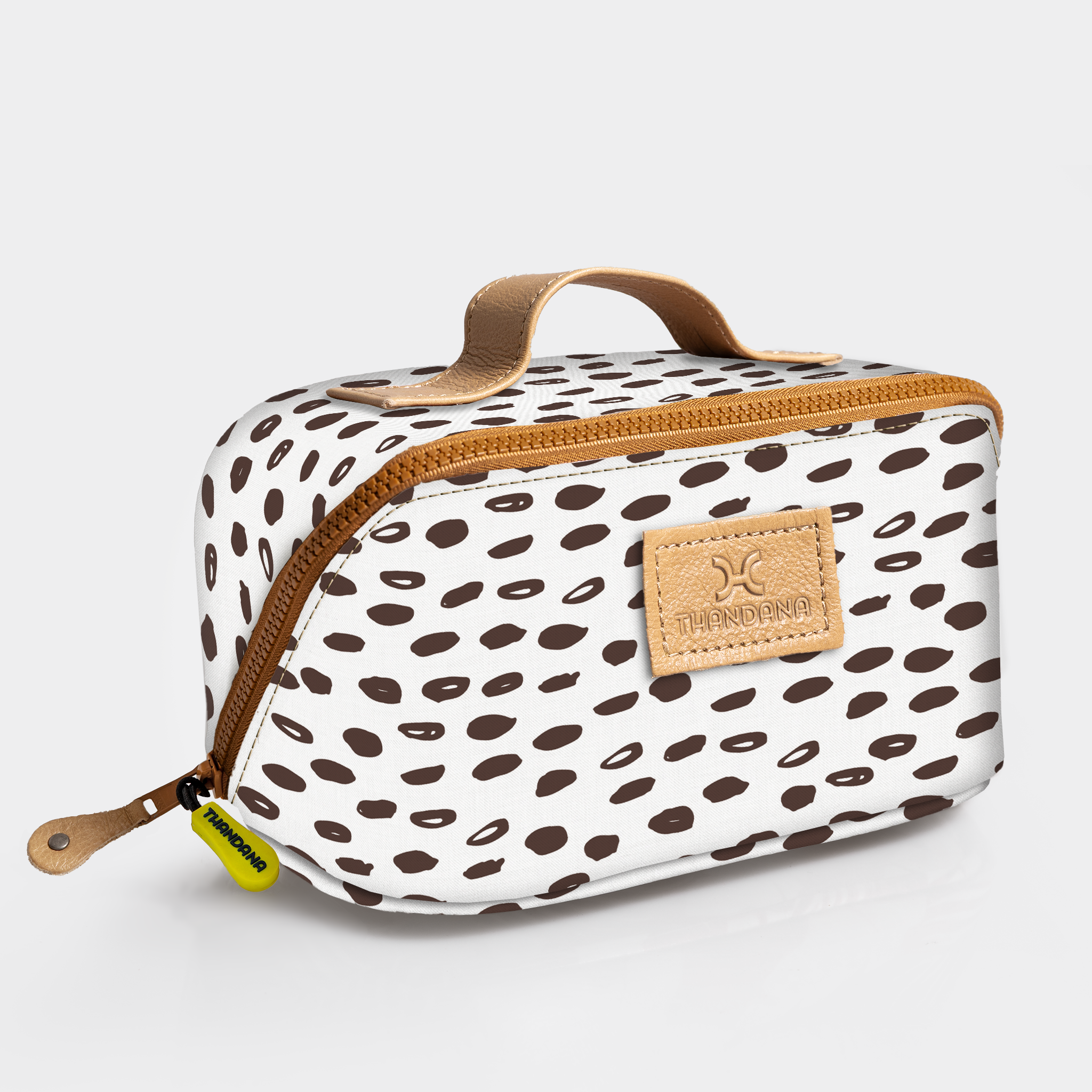 Side Mouth Vanity Bag | Laminated Fabric with Genuine Leather Seeds - White Side Mouth Vanity Fabric by Thandana