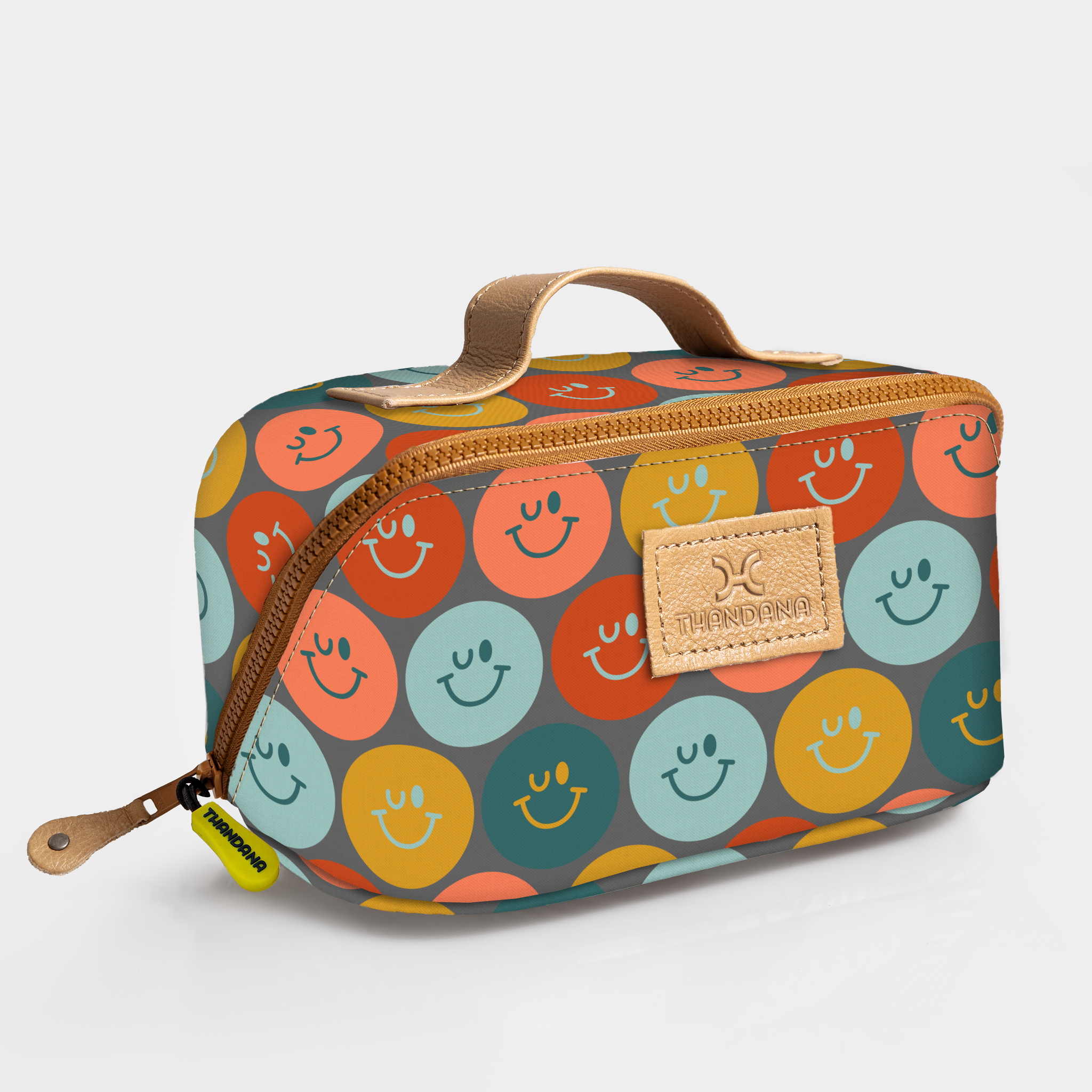 Side Mouth Vanity Bag | Laminated Fabric with Genuine Leather Smiley - Jet Side Mouth Vanity Fabric by Thandana
