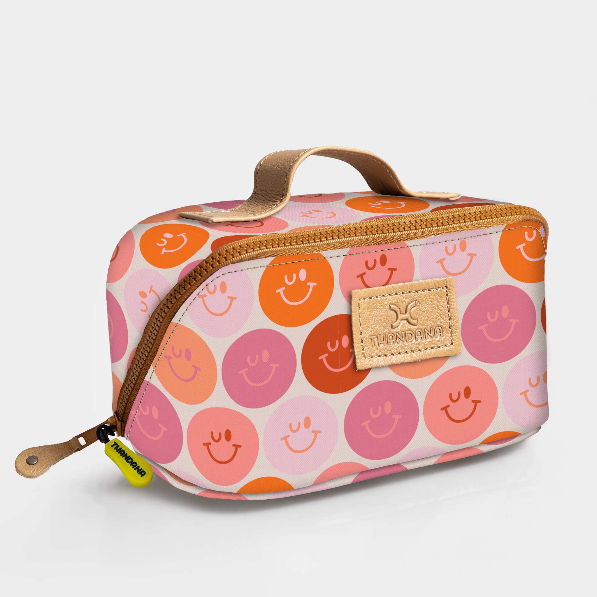 Side Mouth Vanity Bag | Laminated Fabric with Genuine Leather Smiley - Blush Side Mouth Vanity Fabric by Thandana