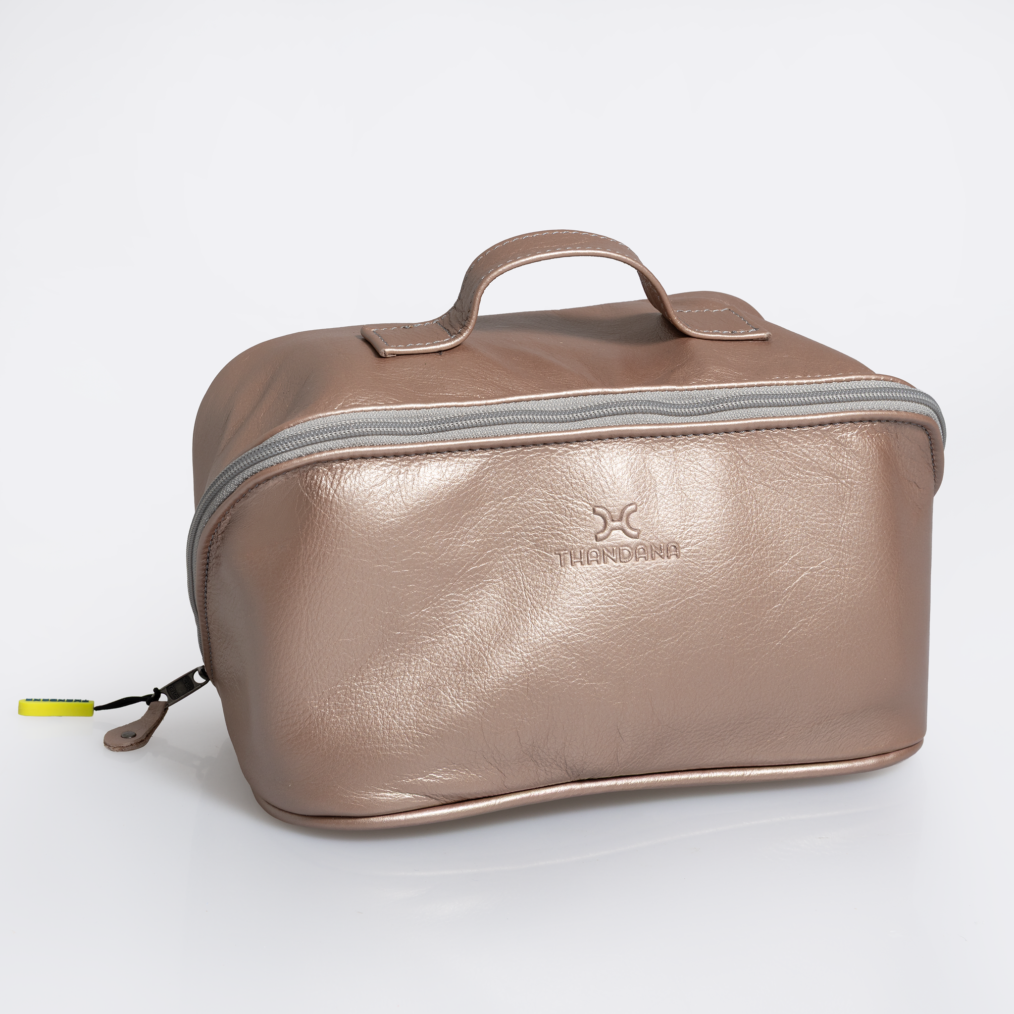 Side Mouth Vanity | Genuine Leather Champagne Leather Vanity Bag by Thandana