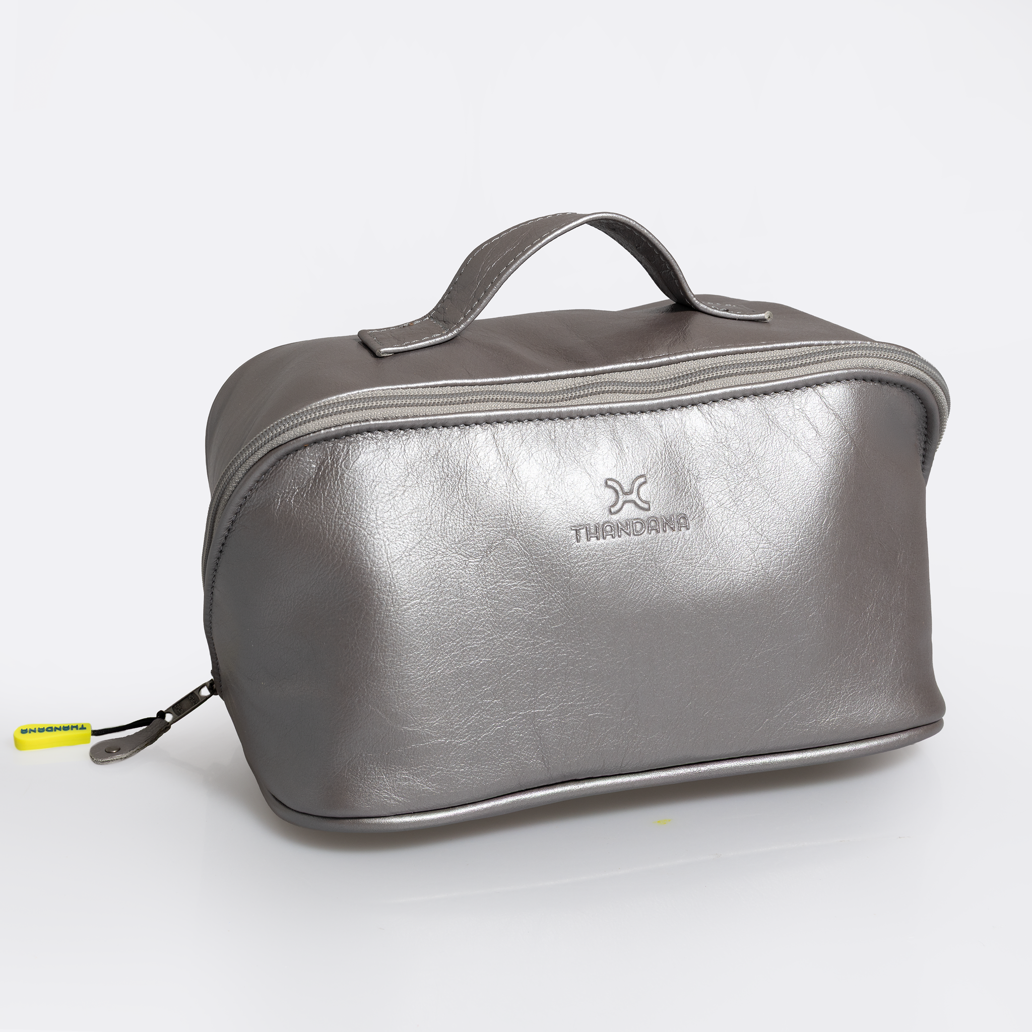 Side Mouth Vanity | Genuine Leather Pewter Leather Vanity Bag by Thandana