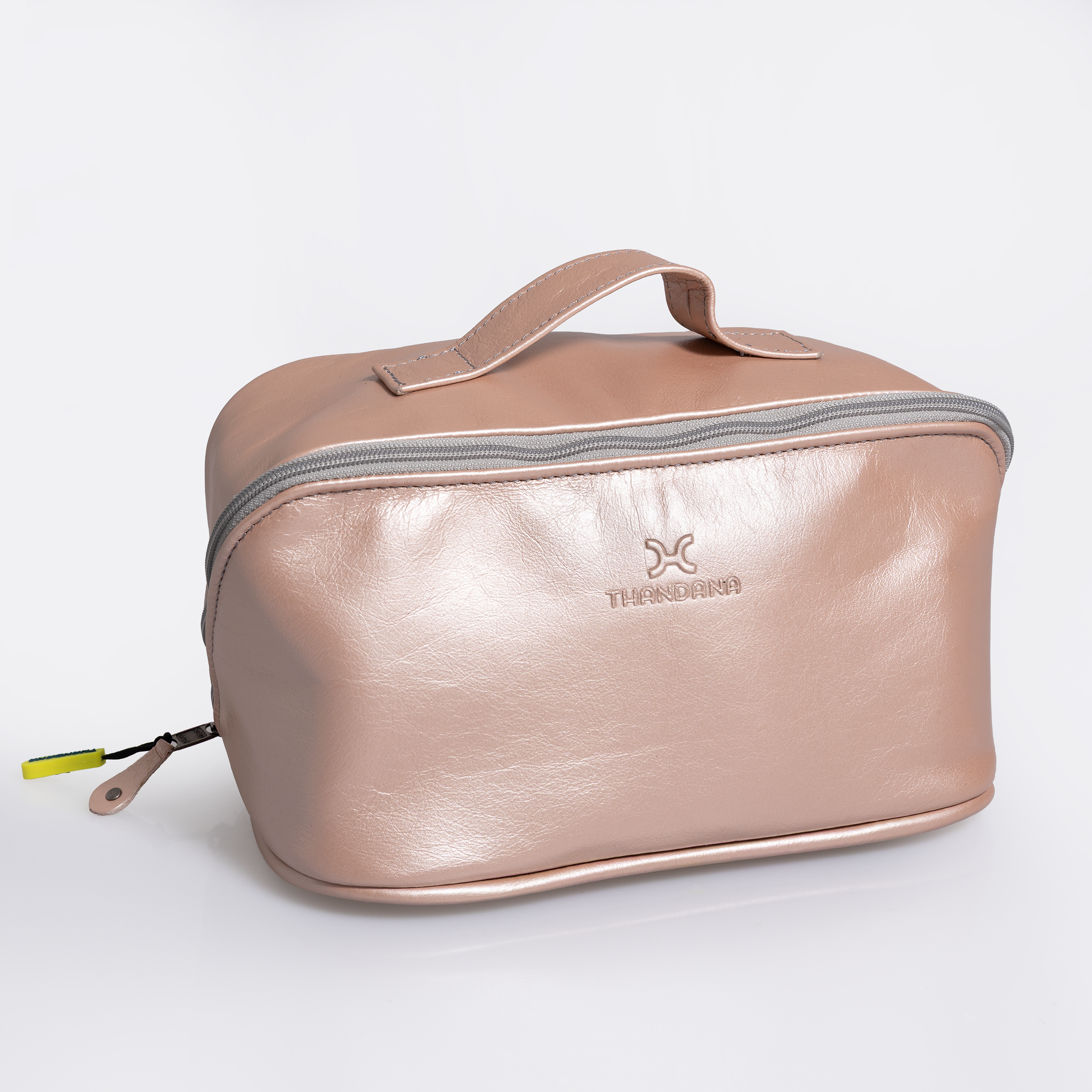 Side Mouth Vanity | Genuine Leather Rose Gold Leather Vanity Bag by Thandana