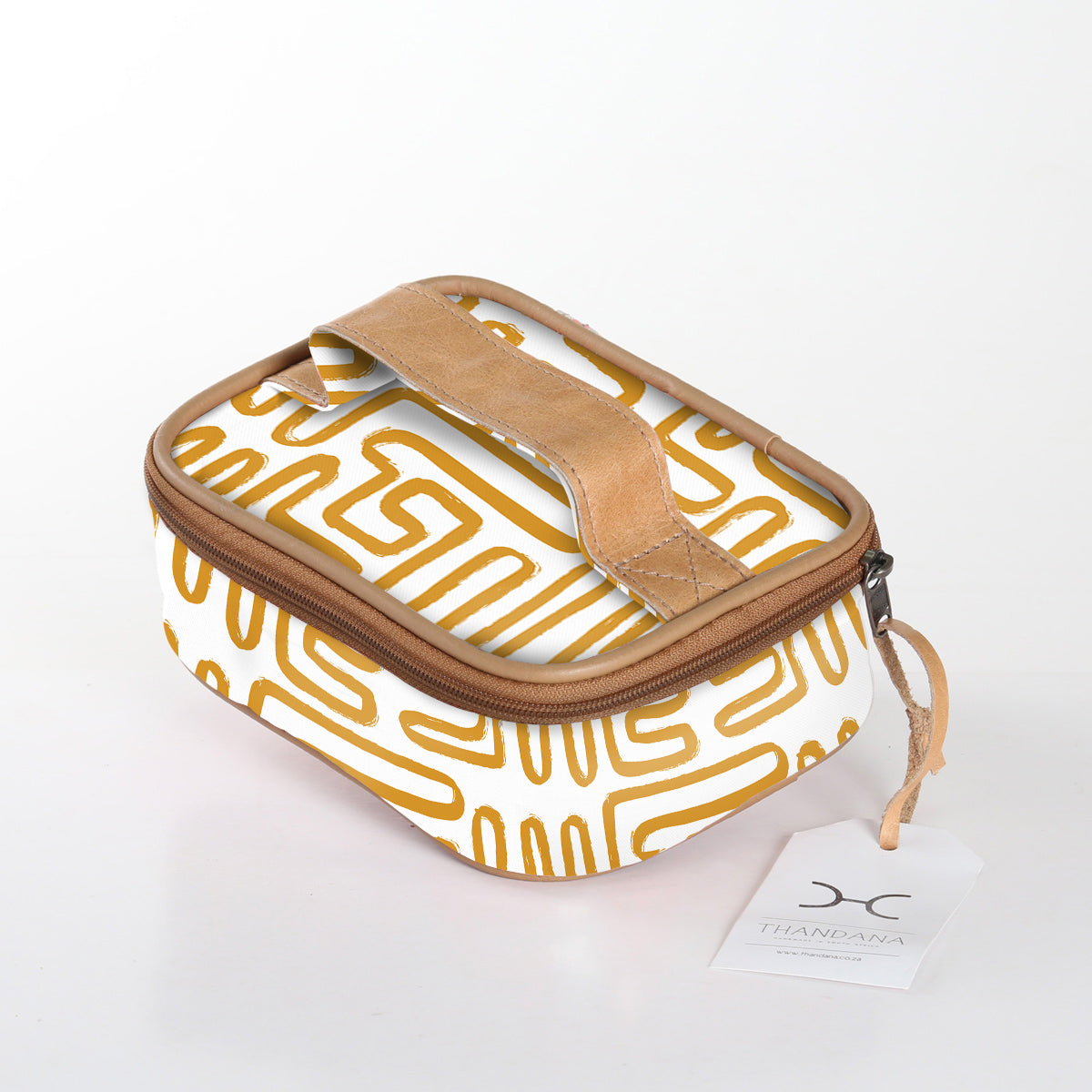 Single Toiletry | Laminated Fabric with Genuine Leather Geo - Sand / Chunky Zip (new) Single Toiltery Fabric by Thandana