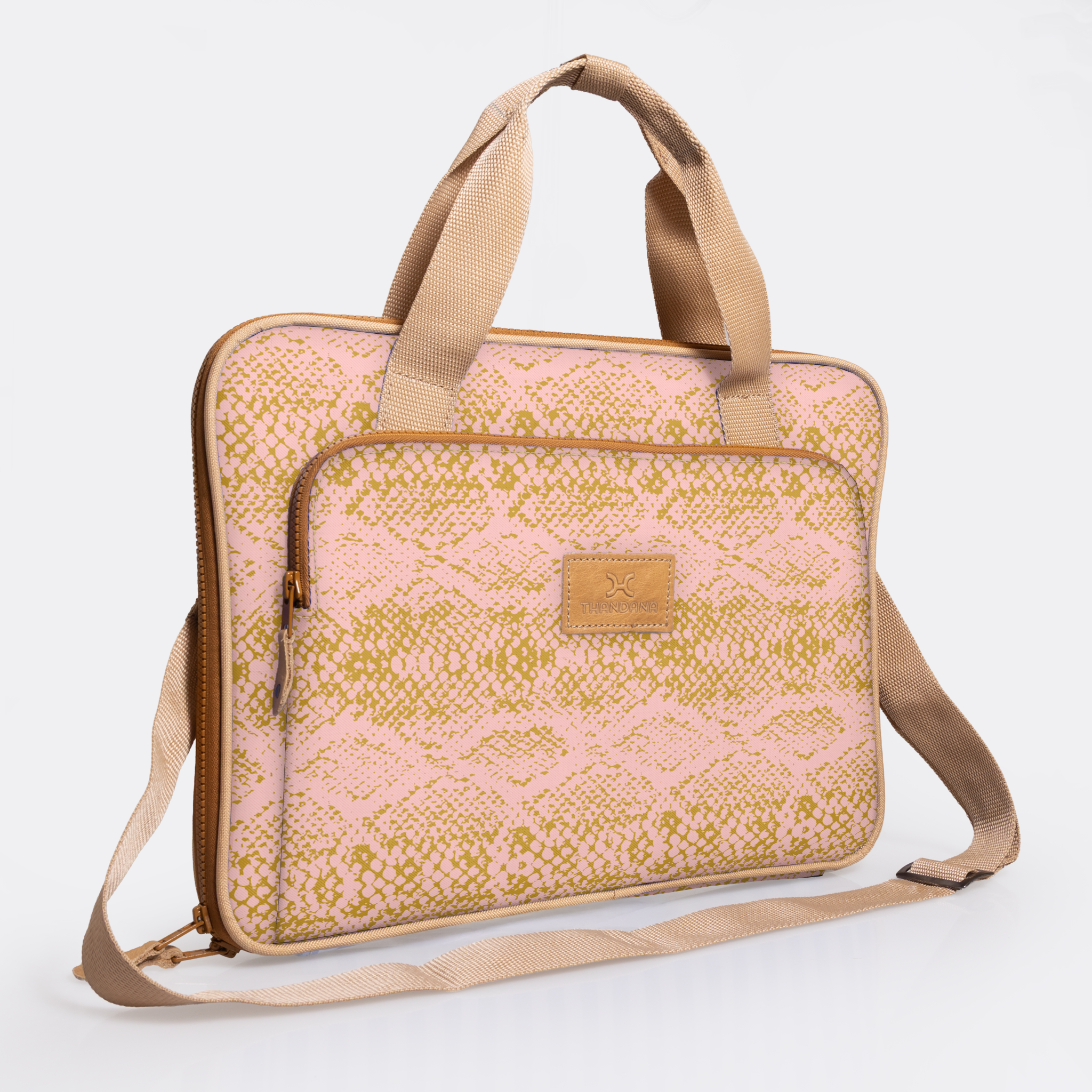 Slimline Laptop Bag 15’ | Laminated Fabric with Genuine Leather Python - Bloom Laptop Fabric Bag by Thandana