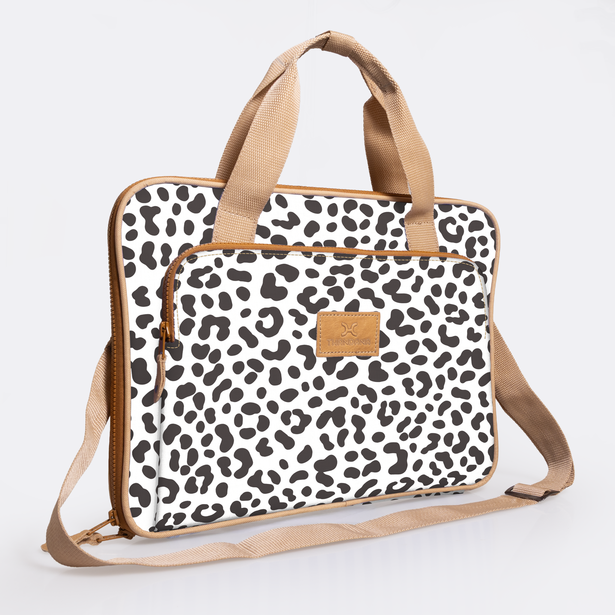 Slimline Laptop Bag 15’ | Laminated Fabric with Genuine Leather Cheetah - White Laptop Fabric Bag by Thandana