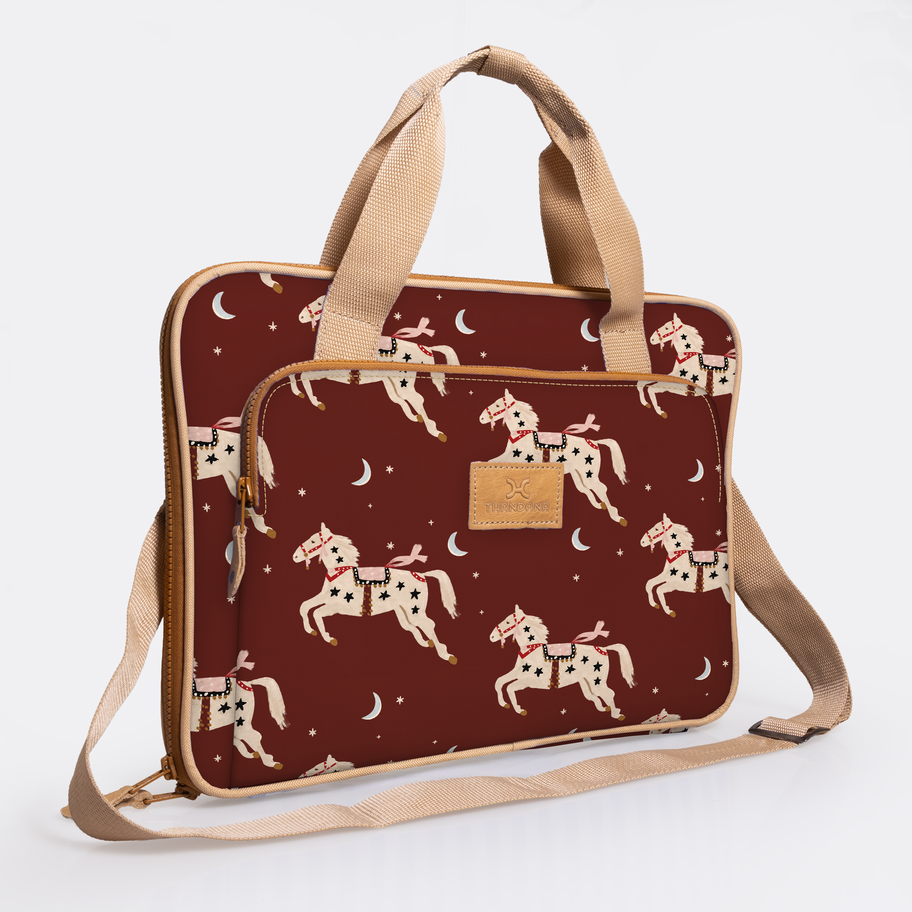 Slimline Laptop Bag 15’ | Laminated Fabric with Genuine Leather Midnight Pony - Cherry Laptop Fabric Bag by Thandana