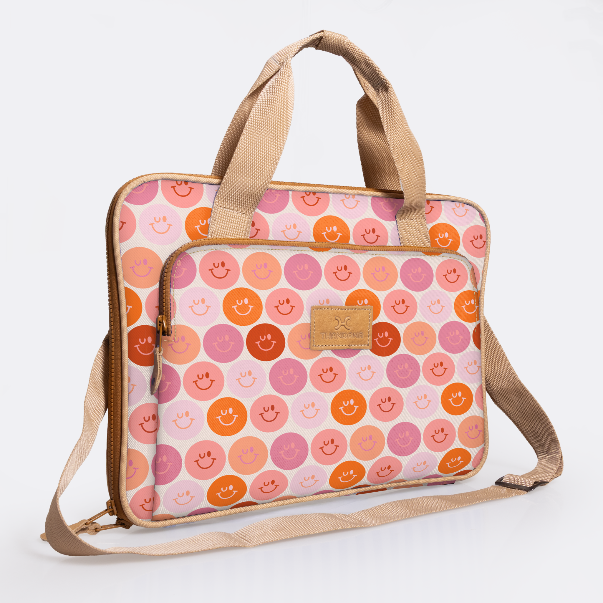 Slimline Laptop Bag 15’ | Laminated Fabric with Genuine Leather Smiley - Blush Laptop Fabric Bag by Thandana