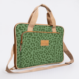Slimline Laptop Bag 15’ | Laminated Fabric with Genuine Leather Cheetah - Olive Laptop Fabric Bag by Thandana