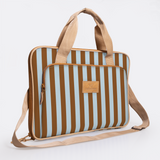 Slimline Laptop Bag 15’ | Laminated Fabric with Genuine Leather Coastal Stripe - Blue Laptop Fabric Bag by Thandana
