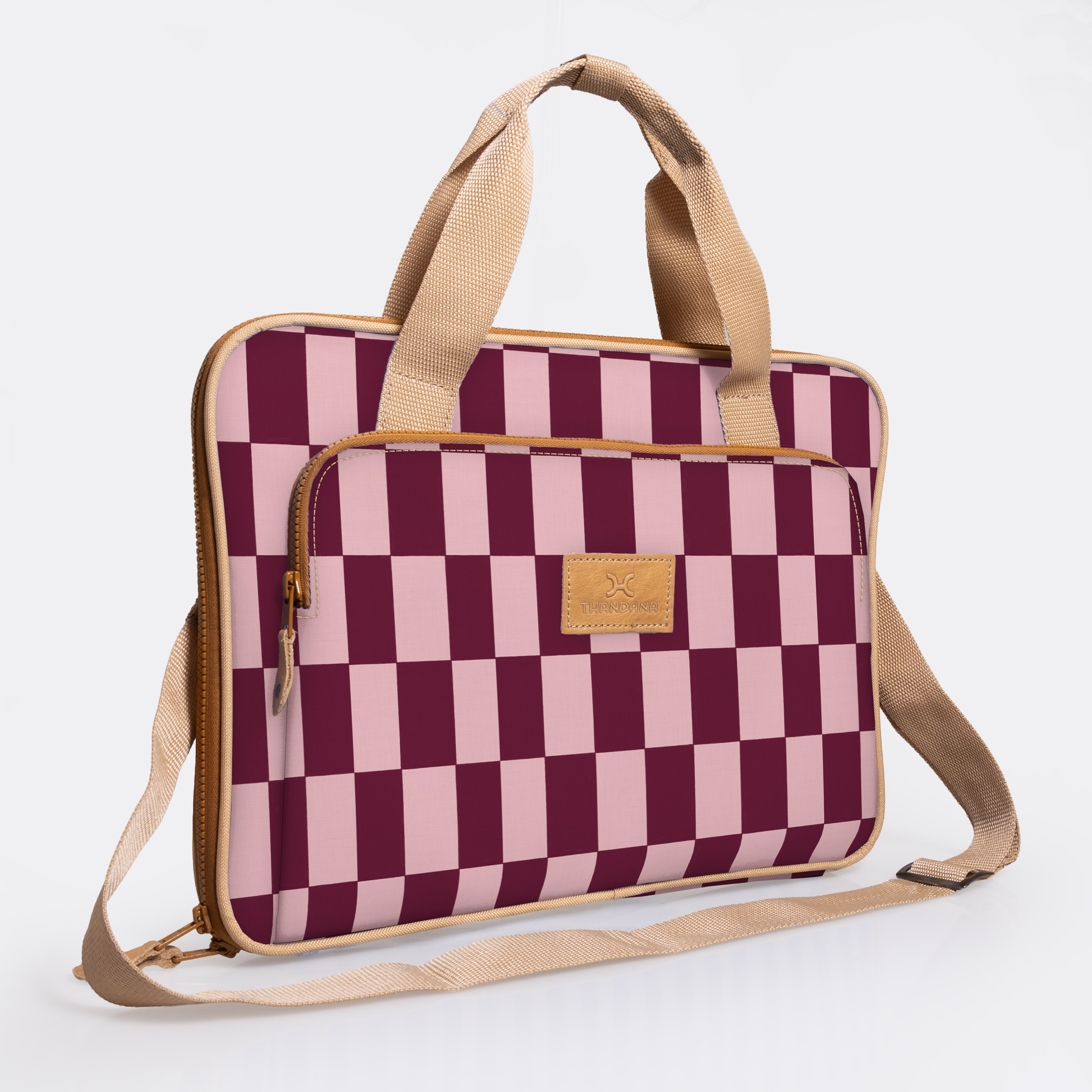Slimline Laptop Bag 15’ | Laminated Fabric with Genuine Leather Checkmate - Cherry Laptop Fabric Bag by Thandana