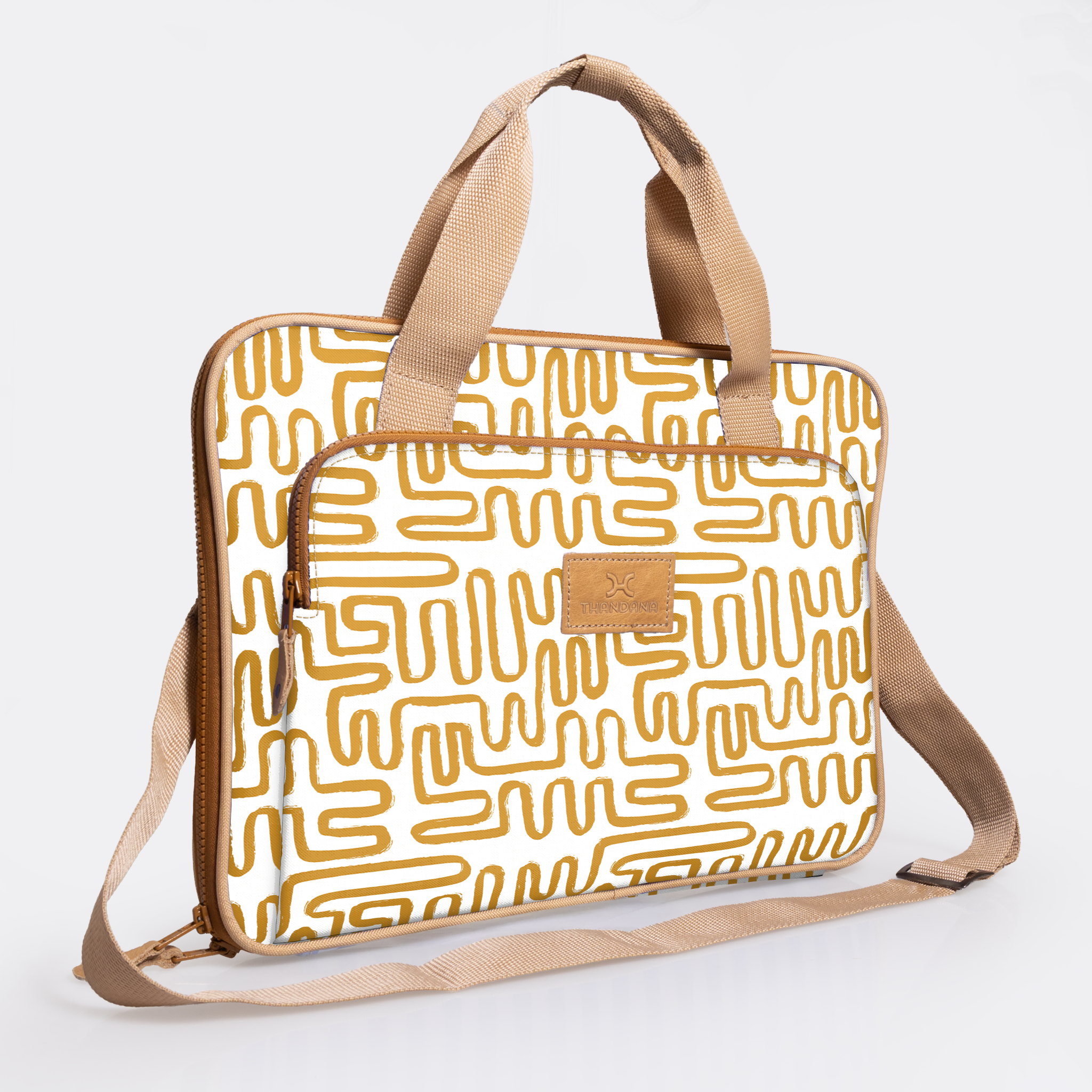 Slimline Laptop Bag 15’ | Laminated Fabric with Genuine Leather Geo - Sand Laptop Fabric Bag by Thandana