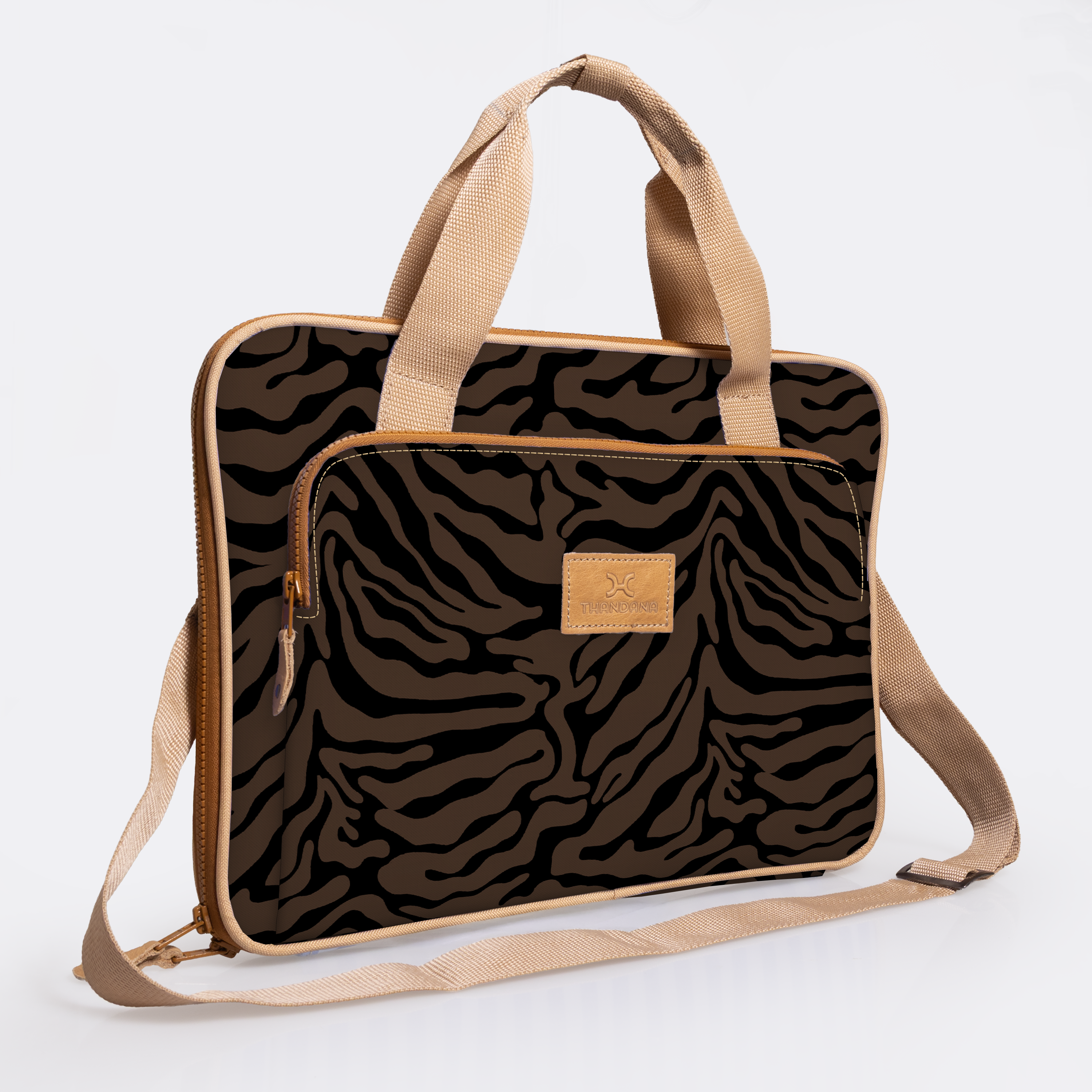 Slimline Laptop Bag 15’ | Laminated Fabric with Genuine Leather Nomad Stripe - Coffee Laptop Fabric Bag by Thandana