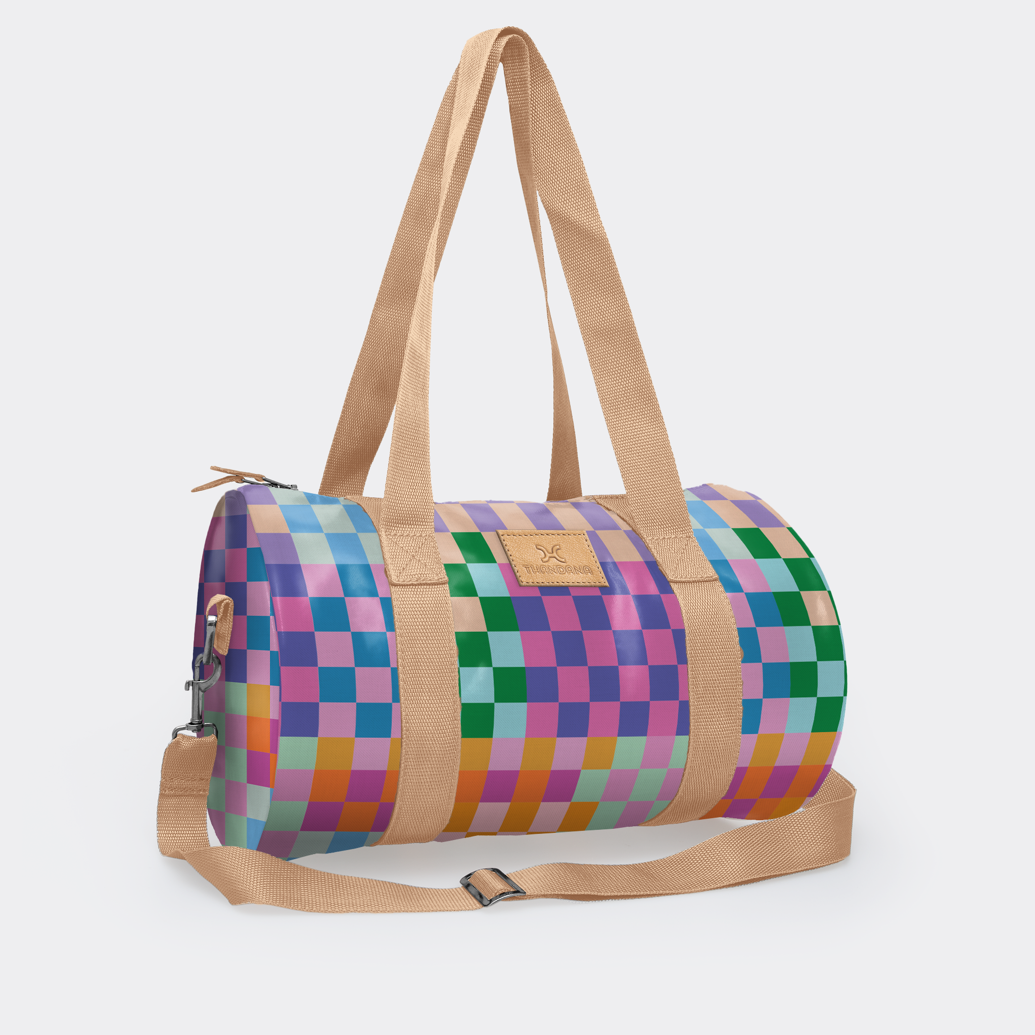 Sports & Gym Bag Beige Trim | Laminated Fabric Beige Webb - Checker - Preppy / Chunky Zip Luggage Bag by Thandana