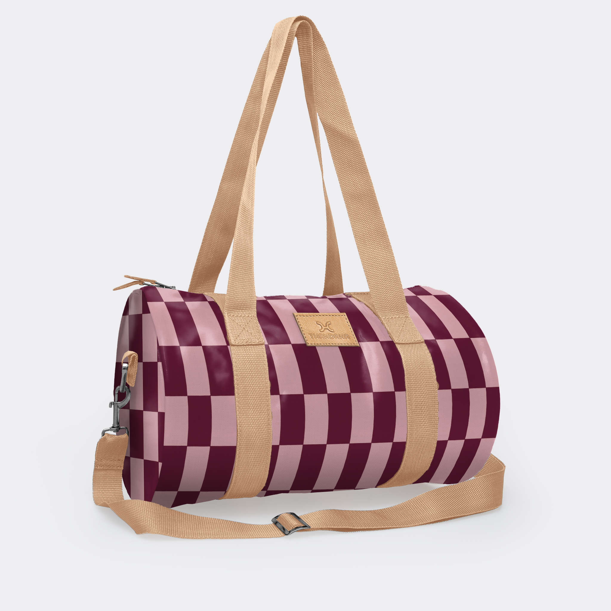 Sports & Gym Bag Beige Trim | Laminated Fabric Beige Webb - Checkmate - Cherry / Chunky Zip Luggage Bag by Thandana