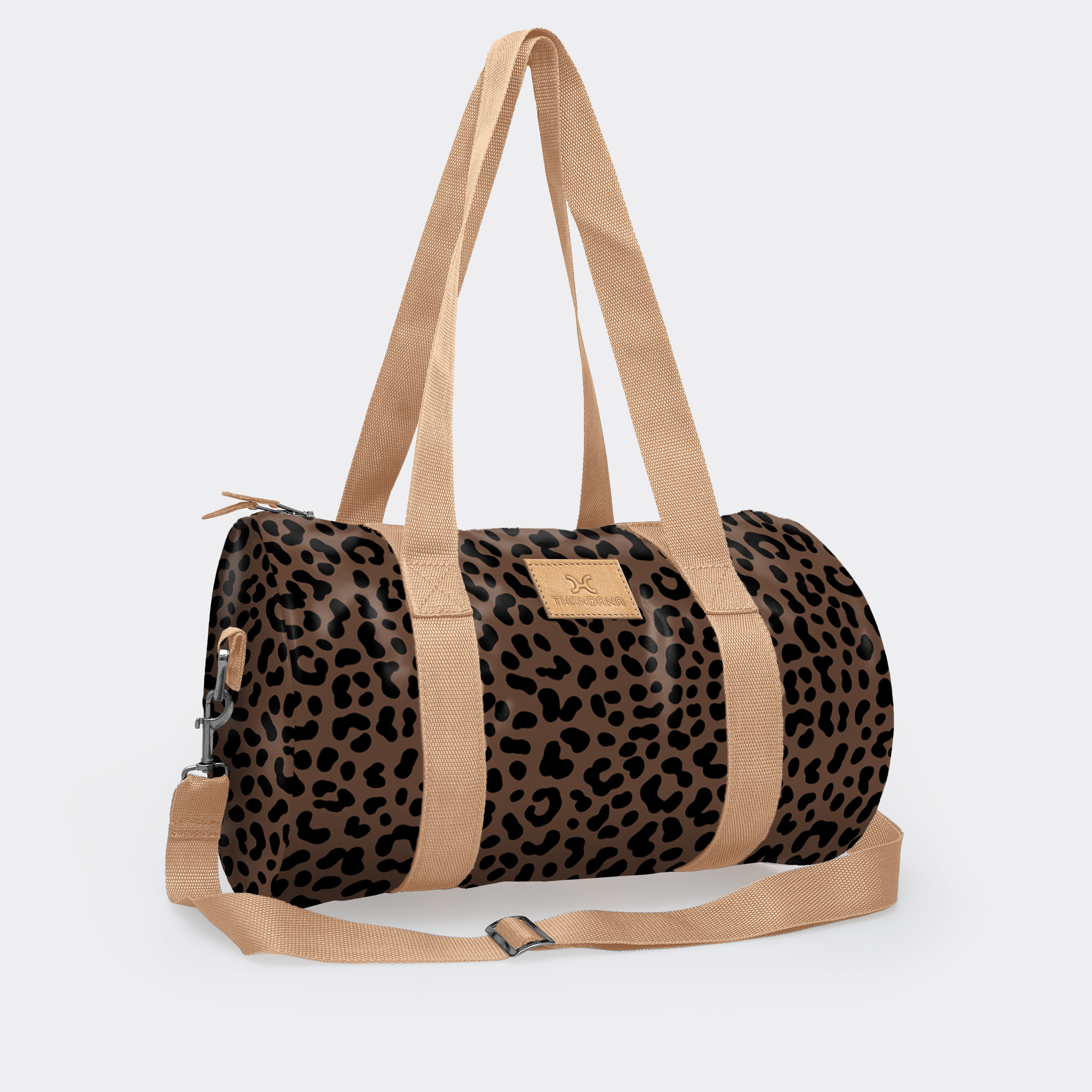 Sports & Gym Bag Beige Trim | Laminated Fabric Beige Webb - Cheetah - Coffee / Chunky Zip Luggage Bag by Thandana