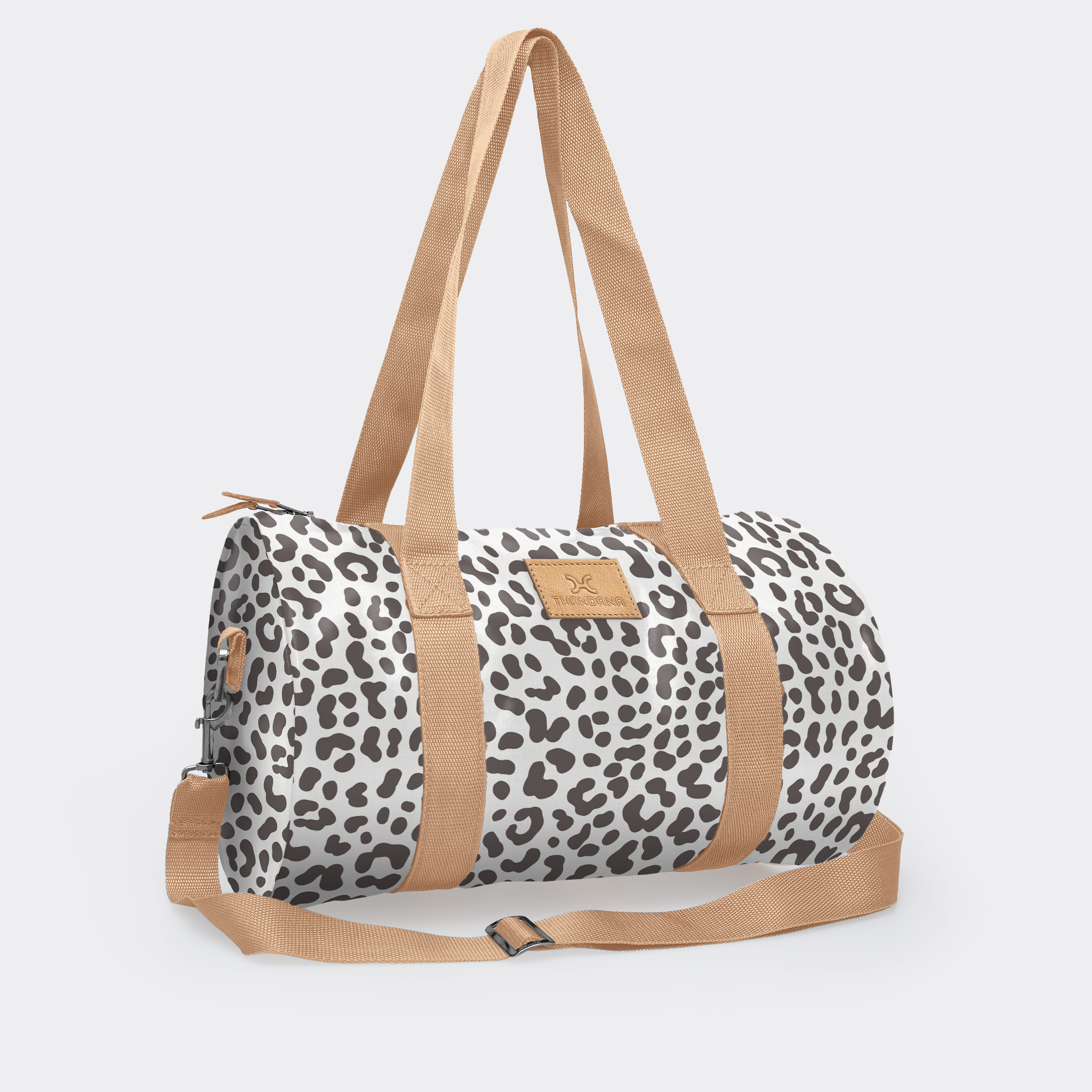 Sports & Gym Bag Beige Trim | Laminated Fabric Beige Webb - Cheetah - White / Chunky Zip Luggage Bag by Thandana