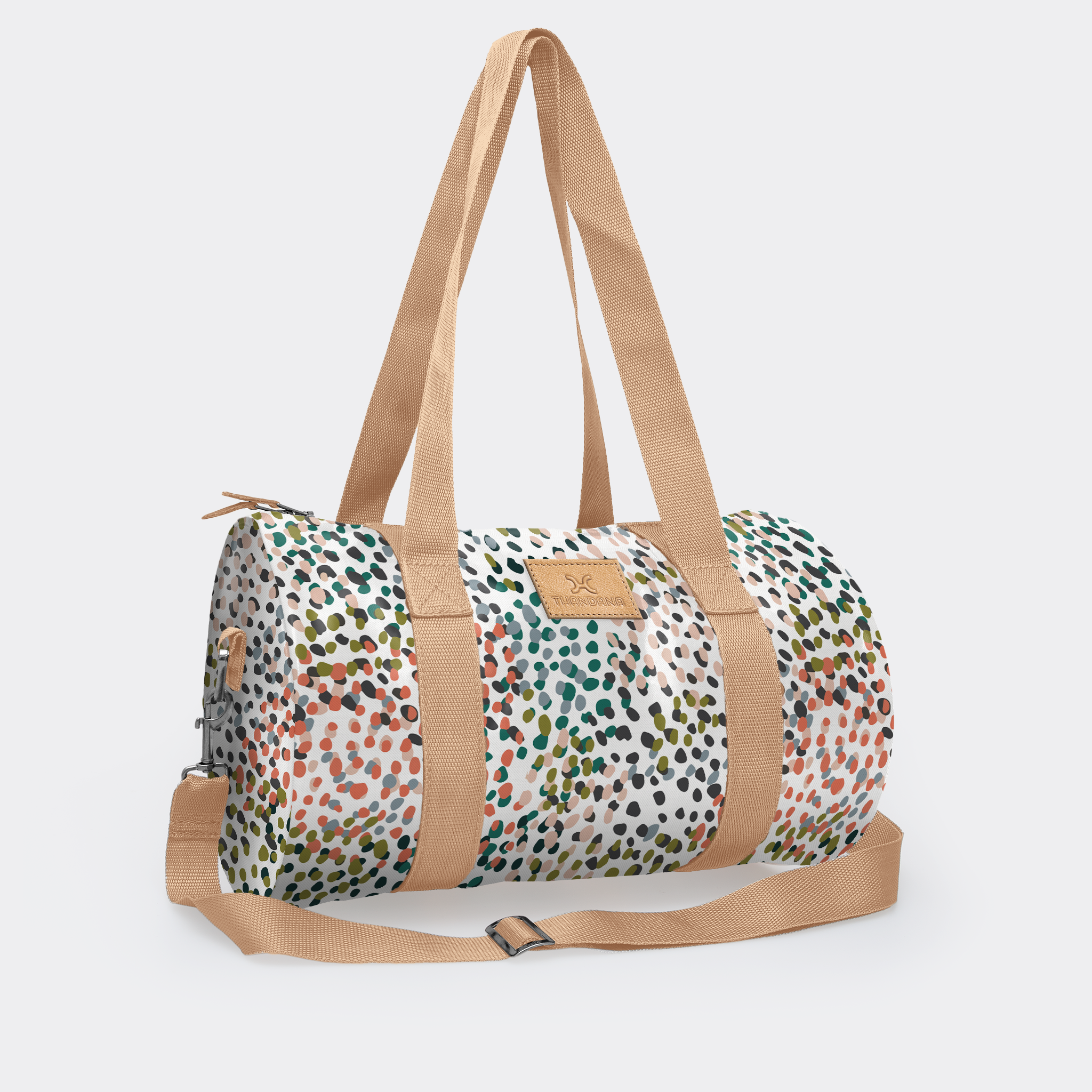 Sports & Gym Bag Beige Trim | Laminated Fabric Beige Webb - Confetti - All About / Chunky Zip Luggage Bag by Thandana