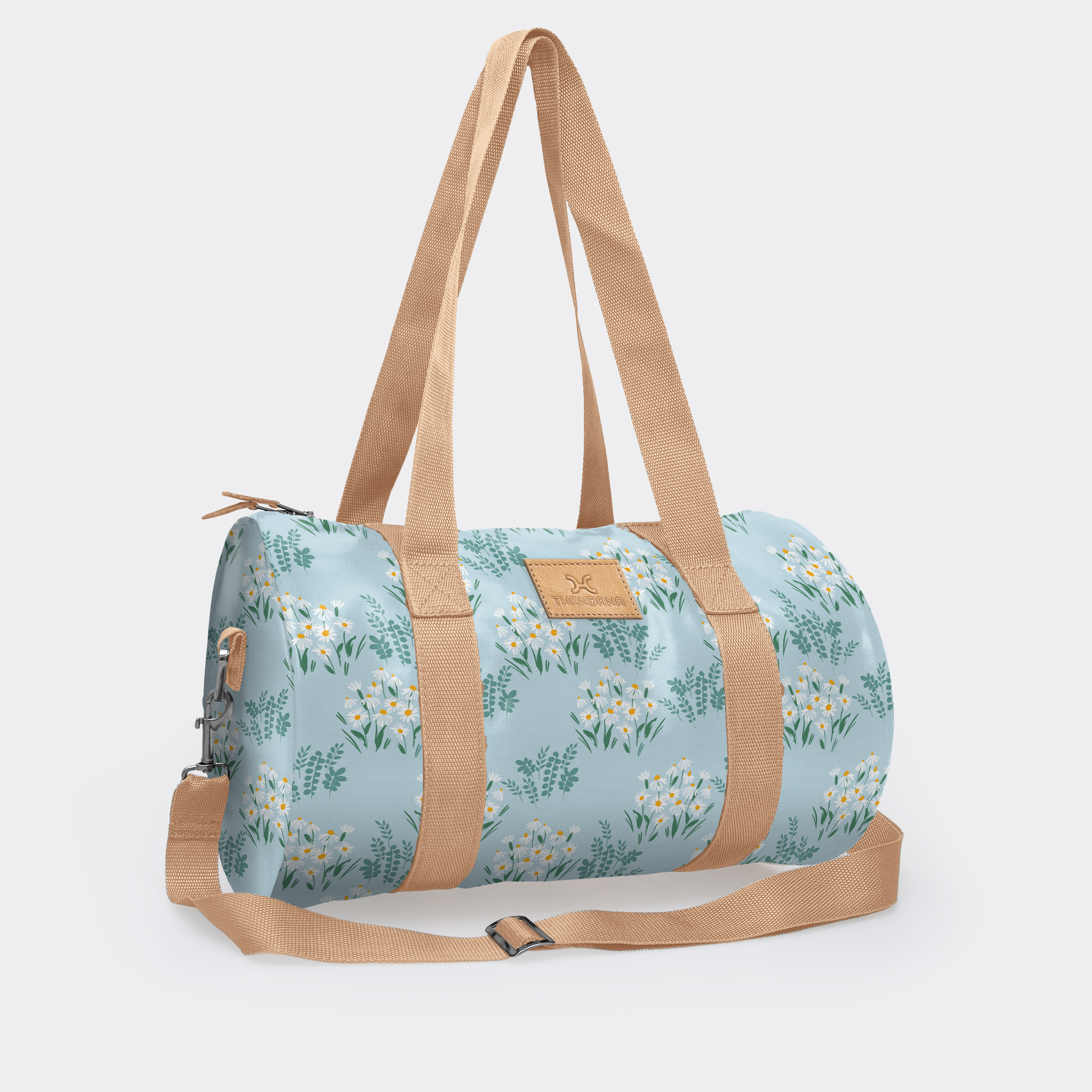 Sports & Gym Bag Beige Trim | Laminated Fabric Beige Webb - Crazy Daisy - Sage / Chunky Zip Luggage Bag by Thandana