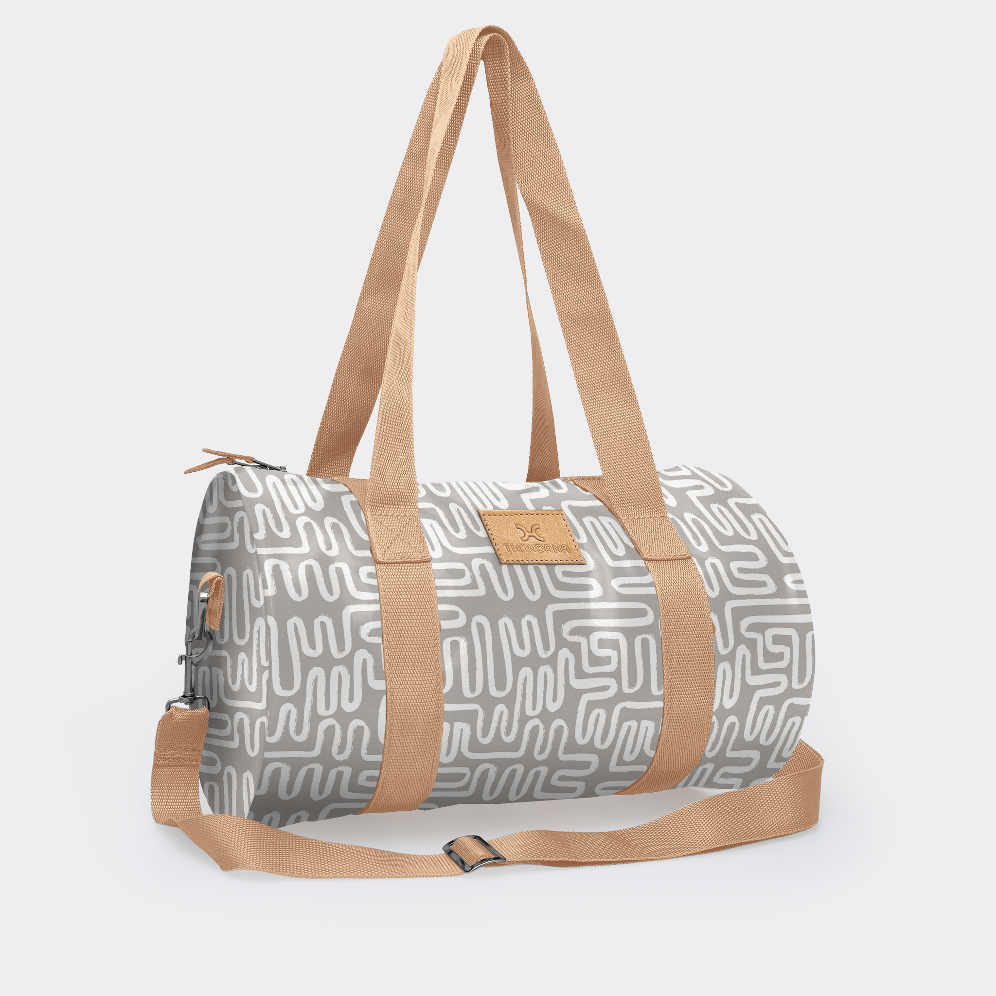 Sports & Gym Bag Beige Trim | Laminated Fabric Beige Webb - Geo - Moonstruck / Chunky Zip Luggage Bag by Thandana