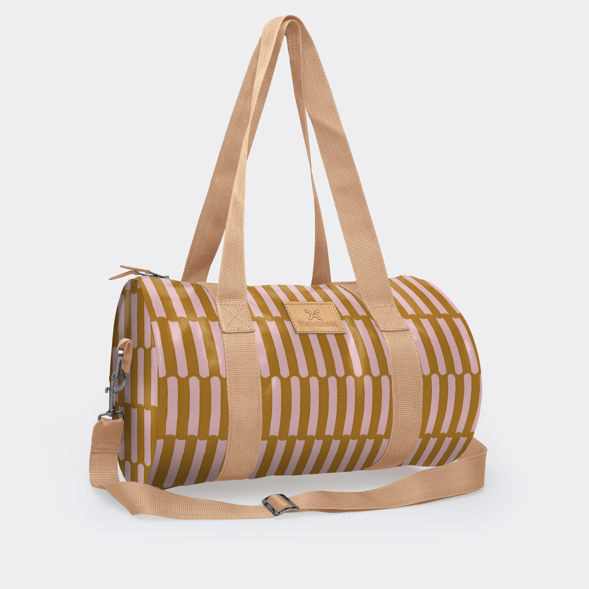 Sports & Gym Bag Beige Trim | Laminated Fabric Beige Webb - Indie - Sunset / Chunky Zip Luggage Bag by Thandana