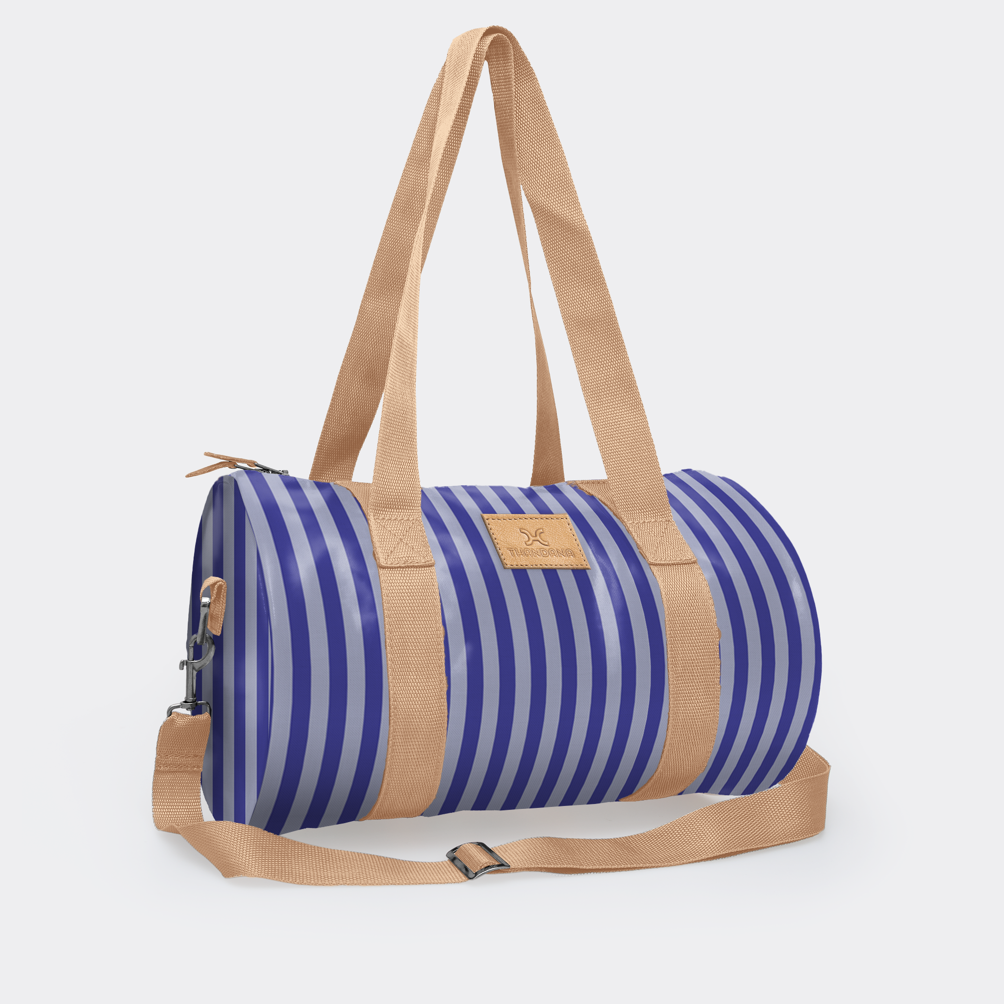 Sports & Gym Bag Beige Trim | Laminated Fabric Beige Webb - Linear - Jet / Chunky Zip Luggage Bag by Thandana