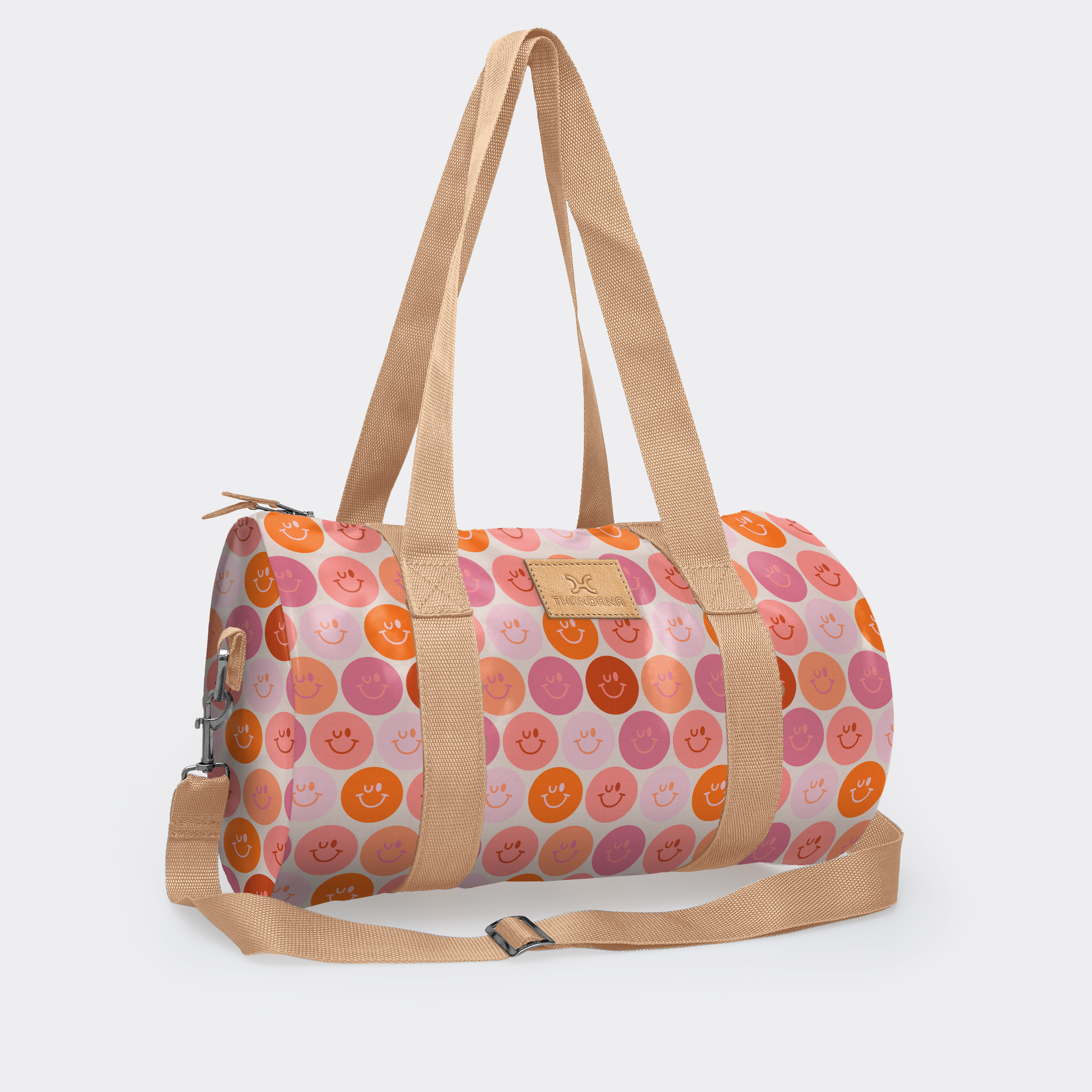 Sports & Gym Bag Beige Trim | Laminated Fabric Beige Webb - Smiley - Blush / Chunky Zip Luggage Bag by Thandana