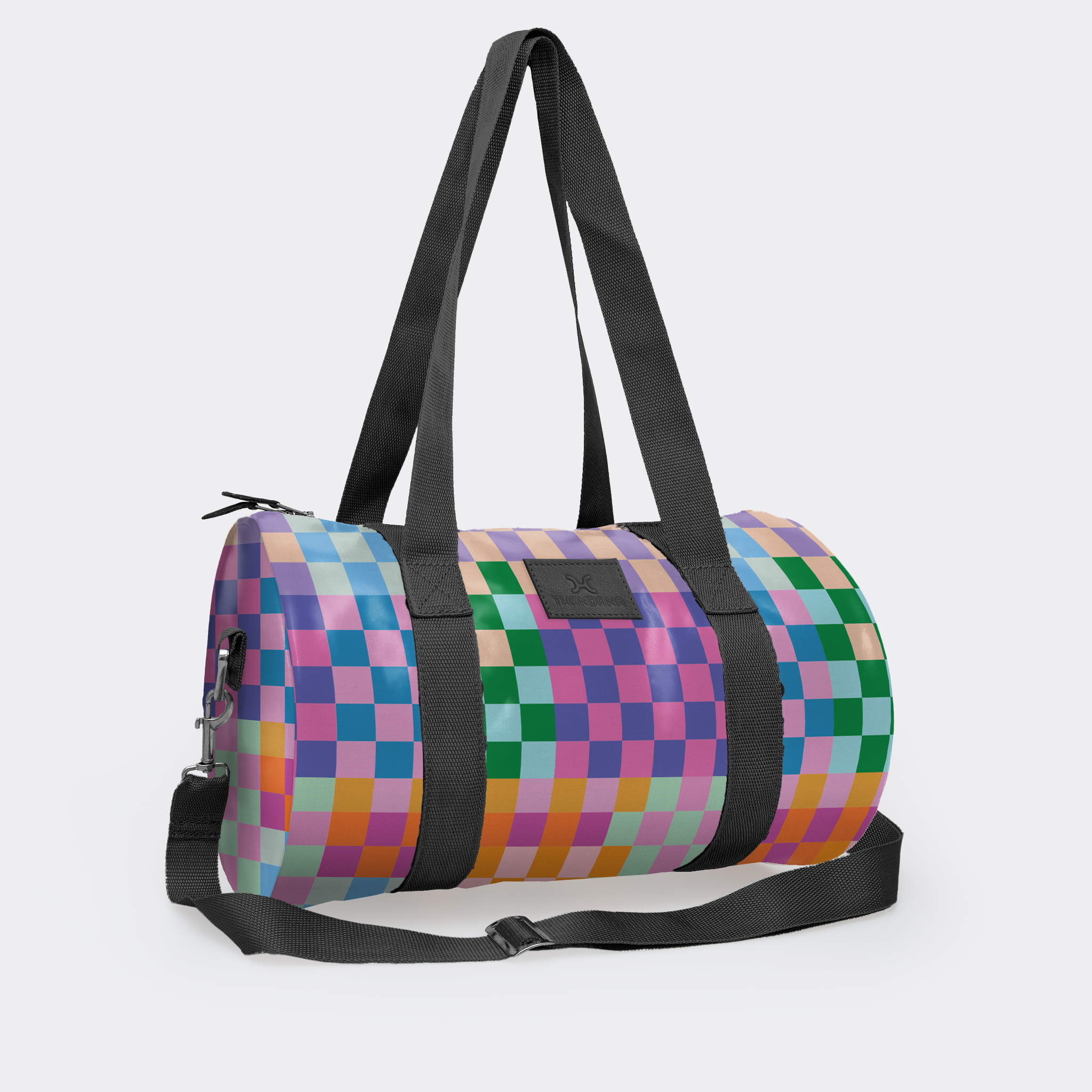 Sports & Gym Bag Black Trim | Laminated Fabric Black Webb - Checker - Preppy / Chunky Zip Luggage Bag by Thandana