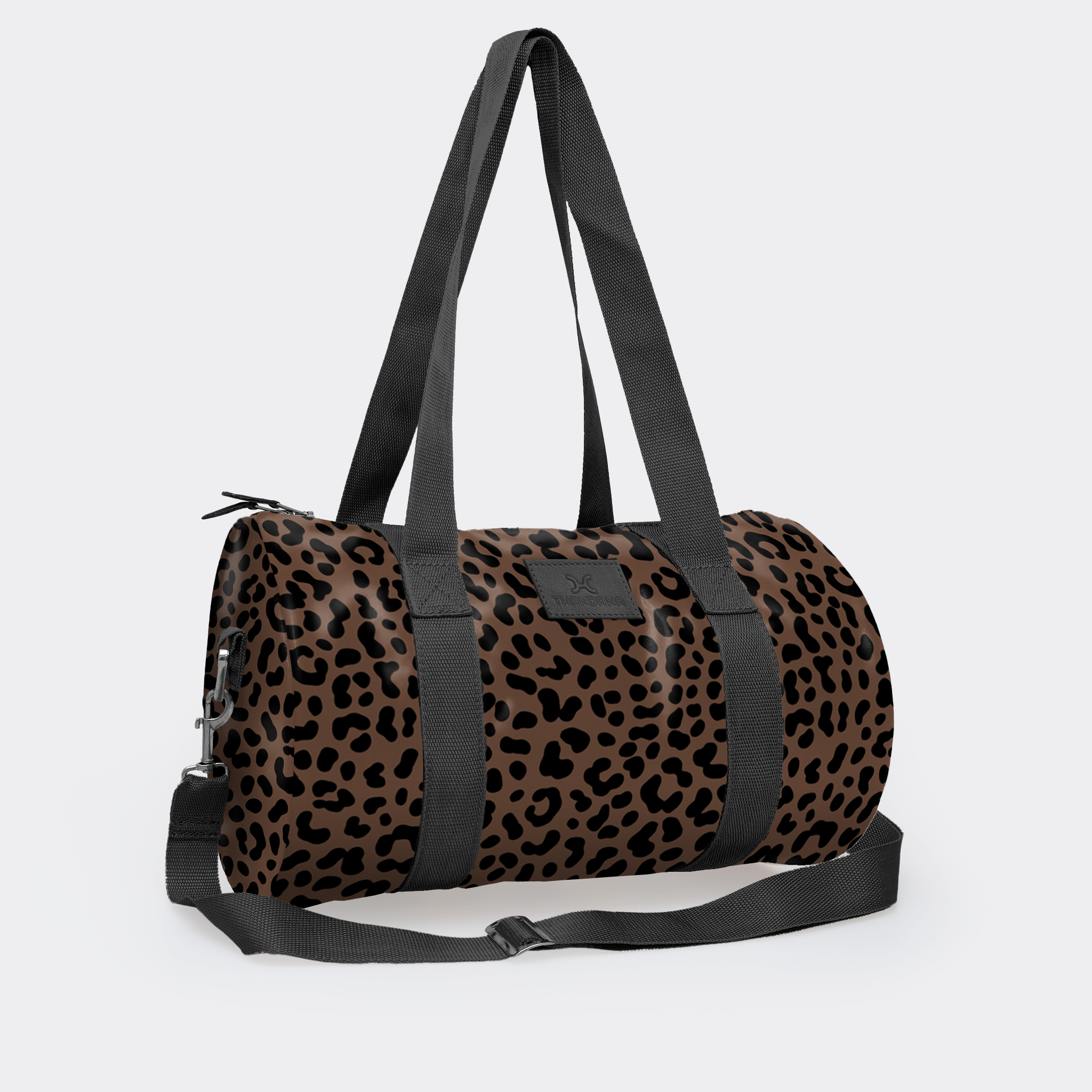 Sports & Gym Bag Black Trim | Laminated Fabric Black Webb - Cheetah - Coffee / Chunky Zip Luggage Bag by Thandana