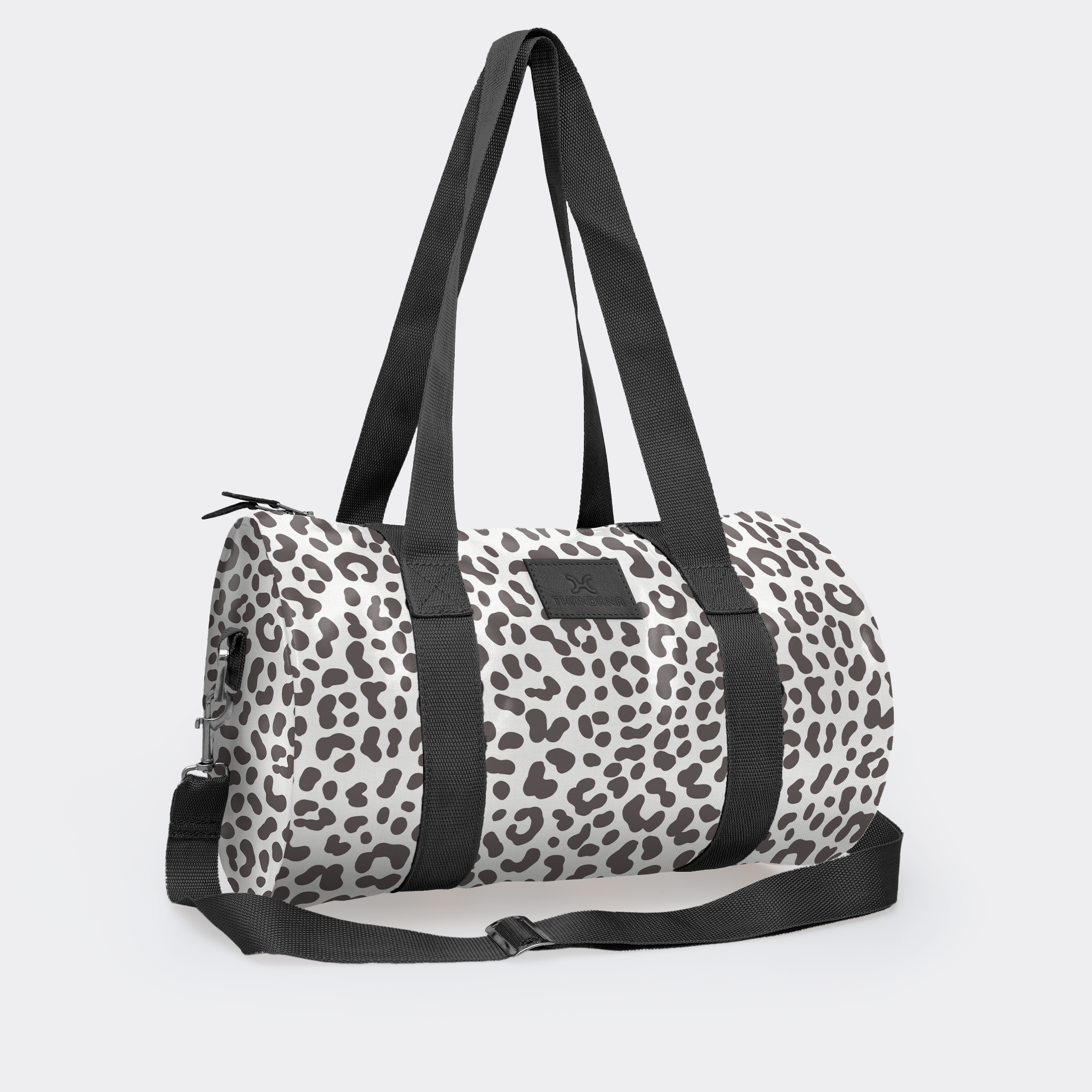 Sports & Gym Bag Black Trim | Laminated Fabric Black Webb - Cheetah - White / Chunky Zip Luggage Bag by Thandana