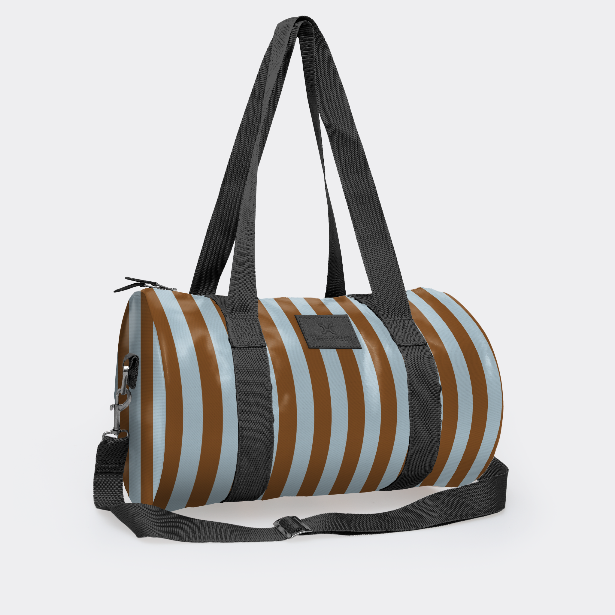 Sports & Gym Bag Black Trim | Laminated Fabric Black Webb - Coastal Stripe - Blue / Chunky Zip Luggage Bag by Thandana