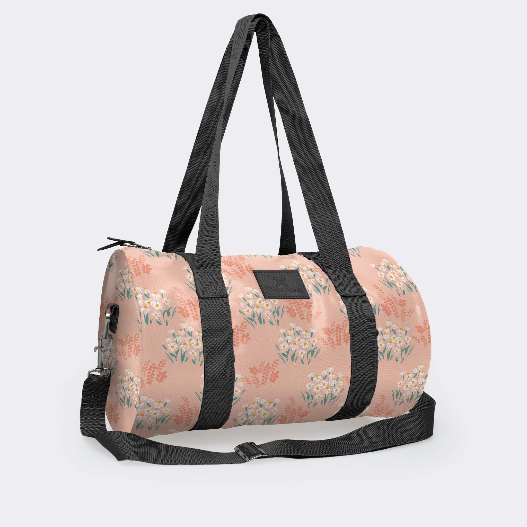 Sports & Gym Bag Black Trim | Laminated Fabric Black Webb - Crazy Daisy - Blush / Chunky Zip Luggage Bag by Thandana